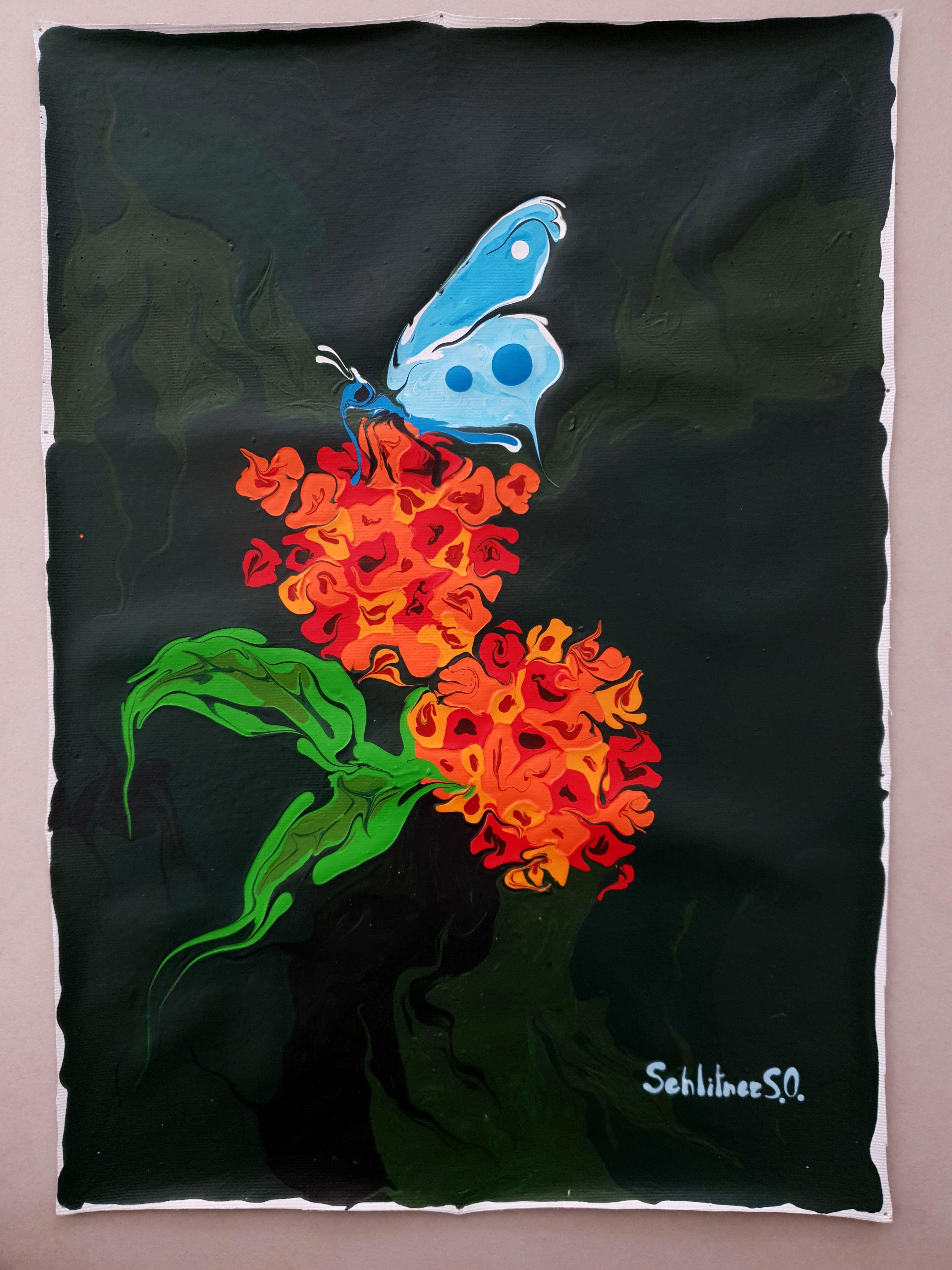Moth and Lantana, Painting, Acrylic on Canvas For Sale 3