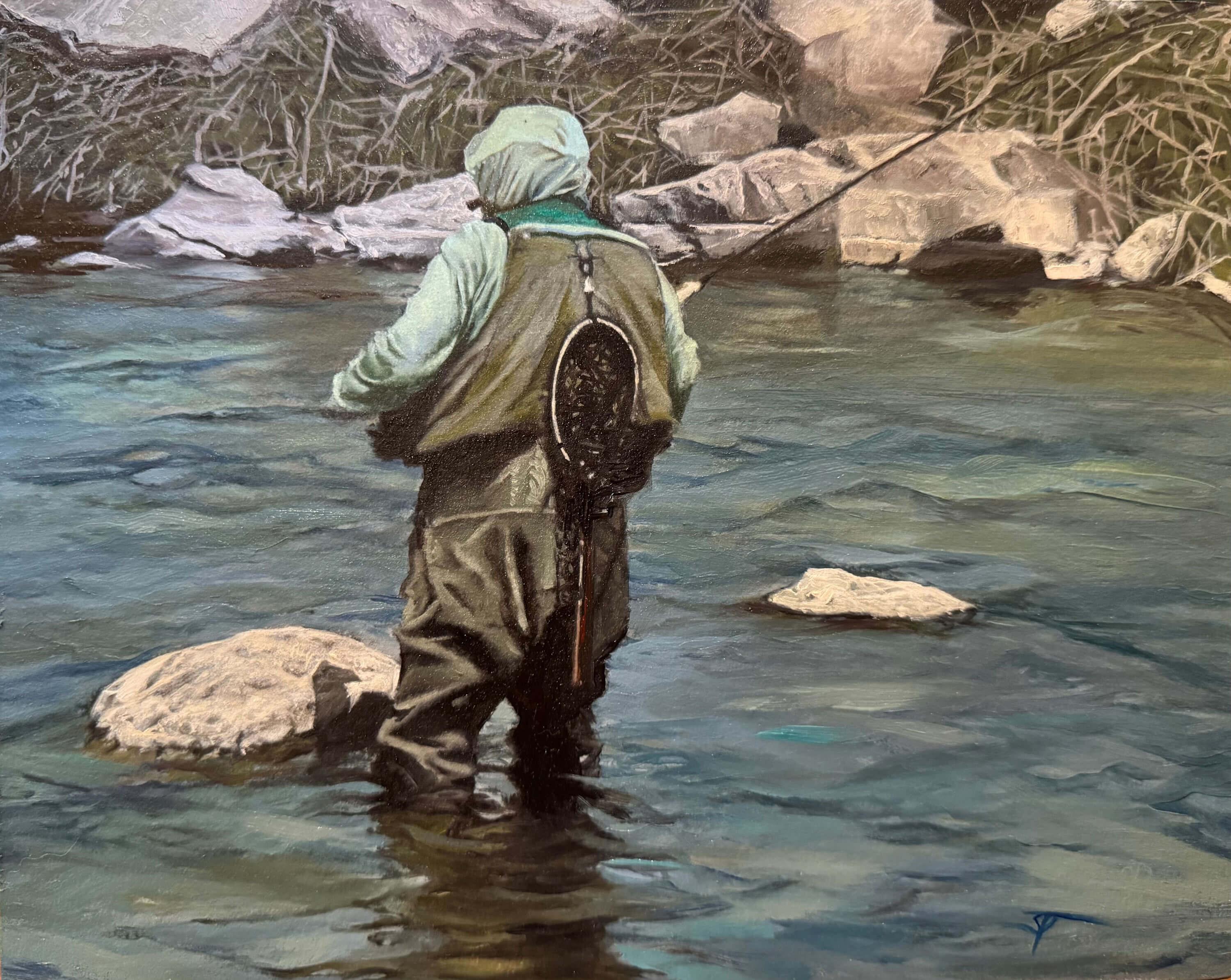 Sharon Pomales Portrait Painting - "Casting on the South Platte" - Oil Painting on Aluminum Panel