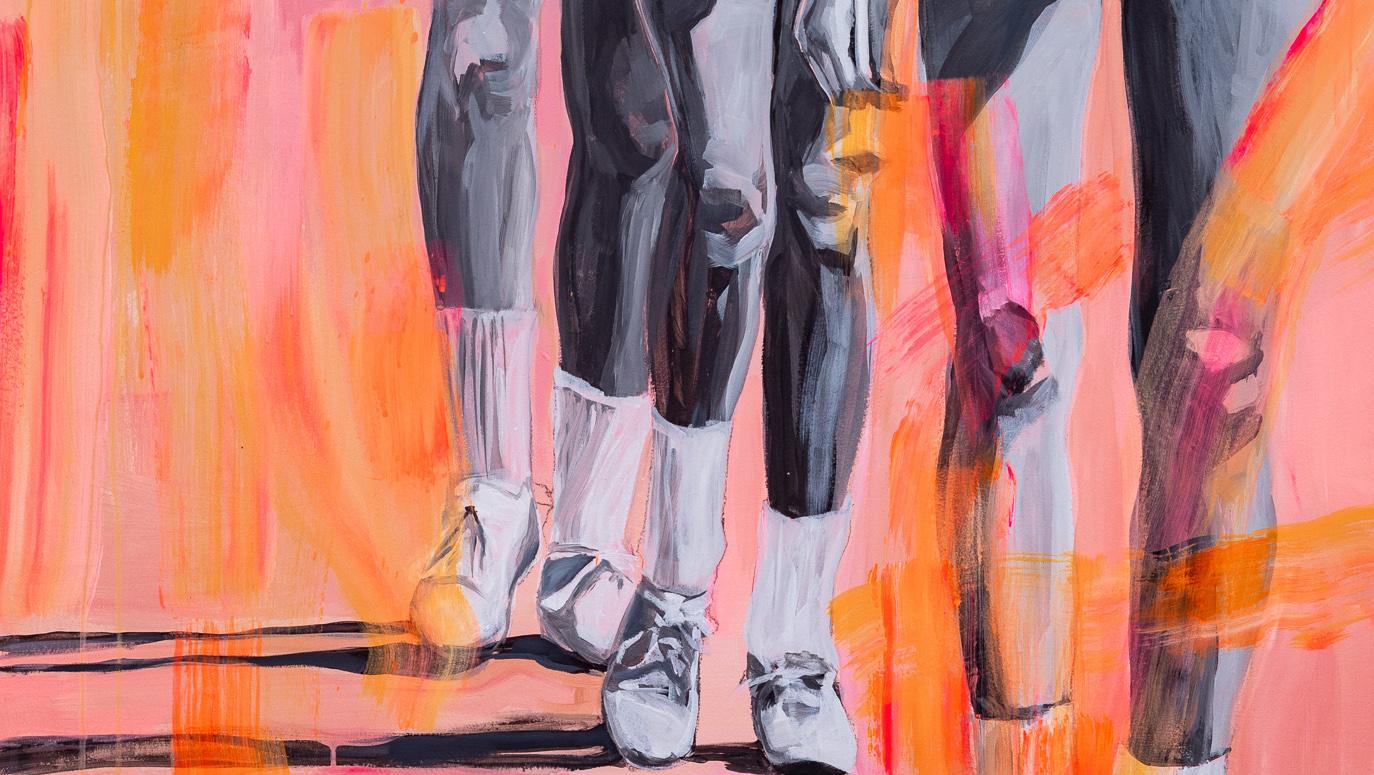 Falling in Line, feminist multimedia figurative painting, 2020 - Painting by Sharon Shapiro