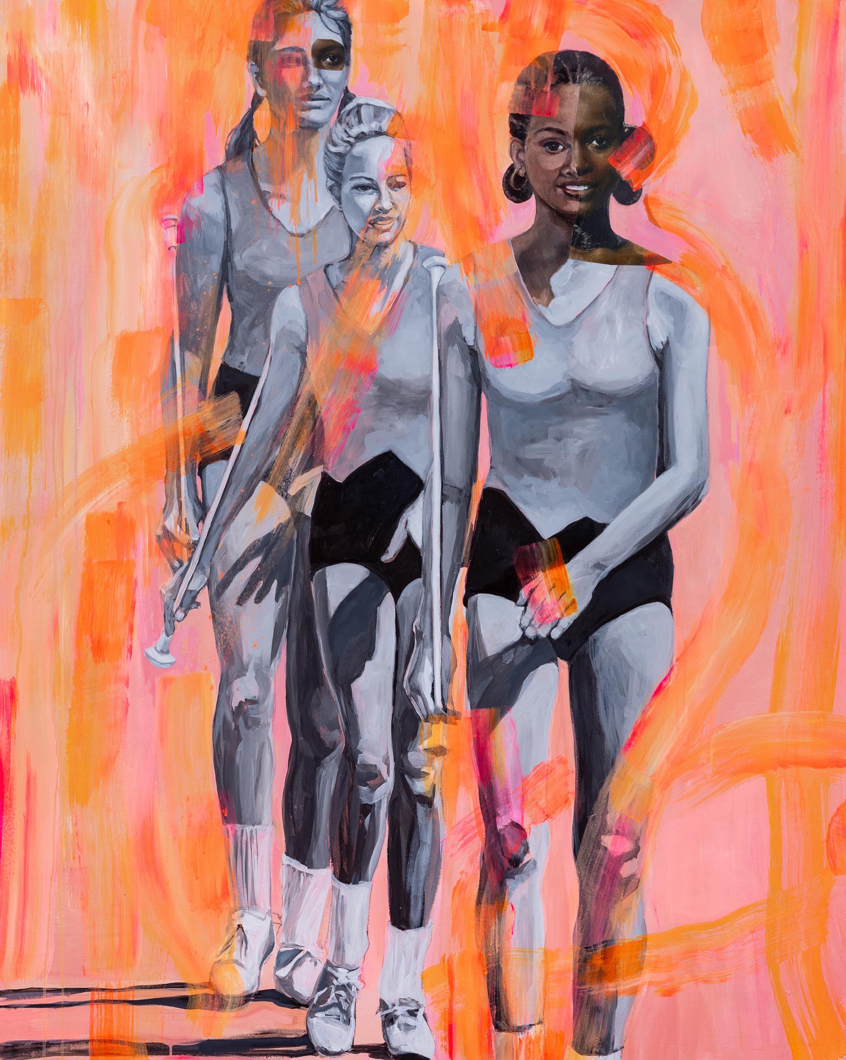 Sharon Shapiro Figurative Painting - Falling in Line, feminist multimedia figurative painting, 2020