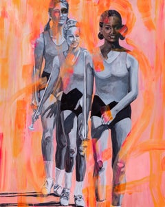 Falling in Line, feminist multimedia figurative painting, 2020