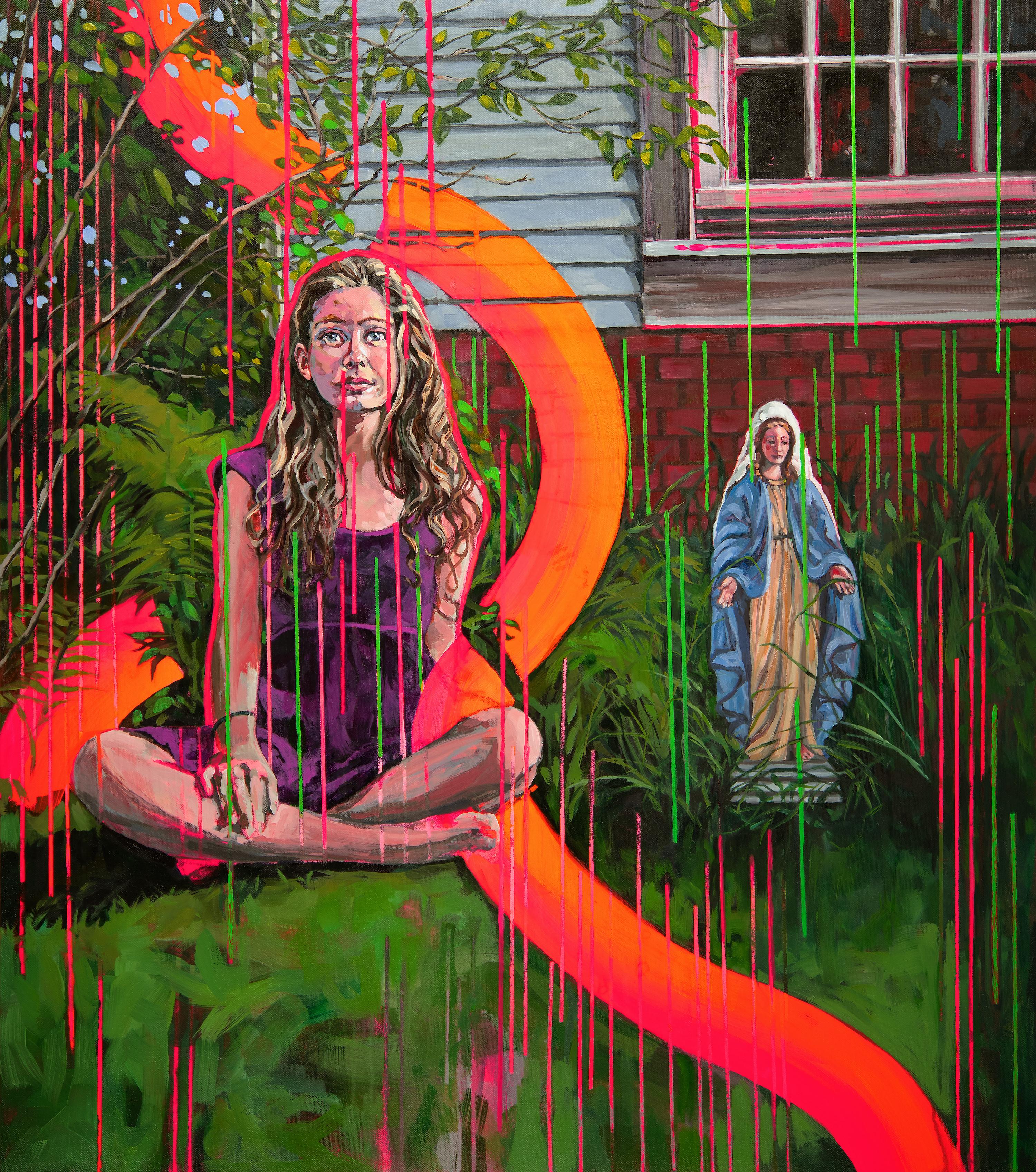 Sharon Shapiro Figurative Painting - False Confession, surrealist figurative painting, contemporary feminism