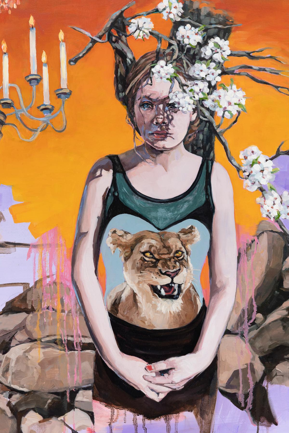 Lioness, surrealist figurative painting, contemporary feminism - Brown Figurative Painting by Sharon Shapiro