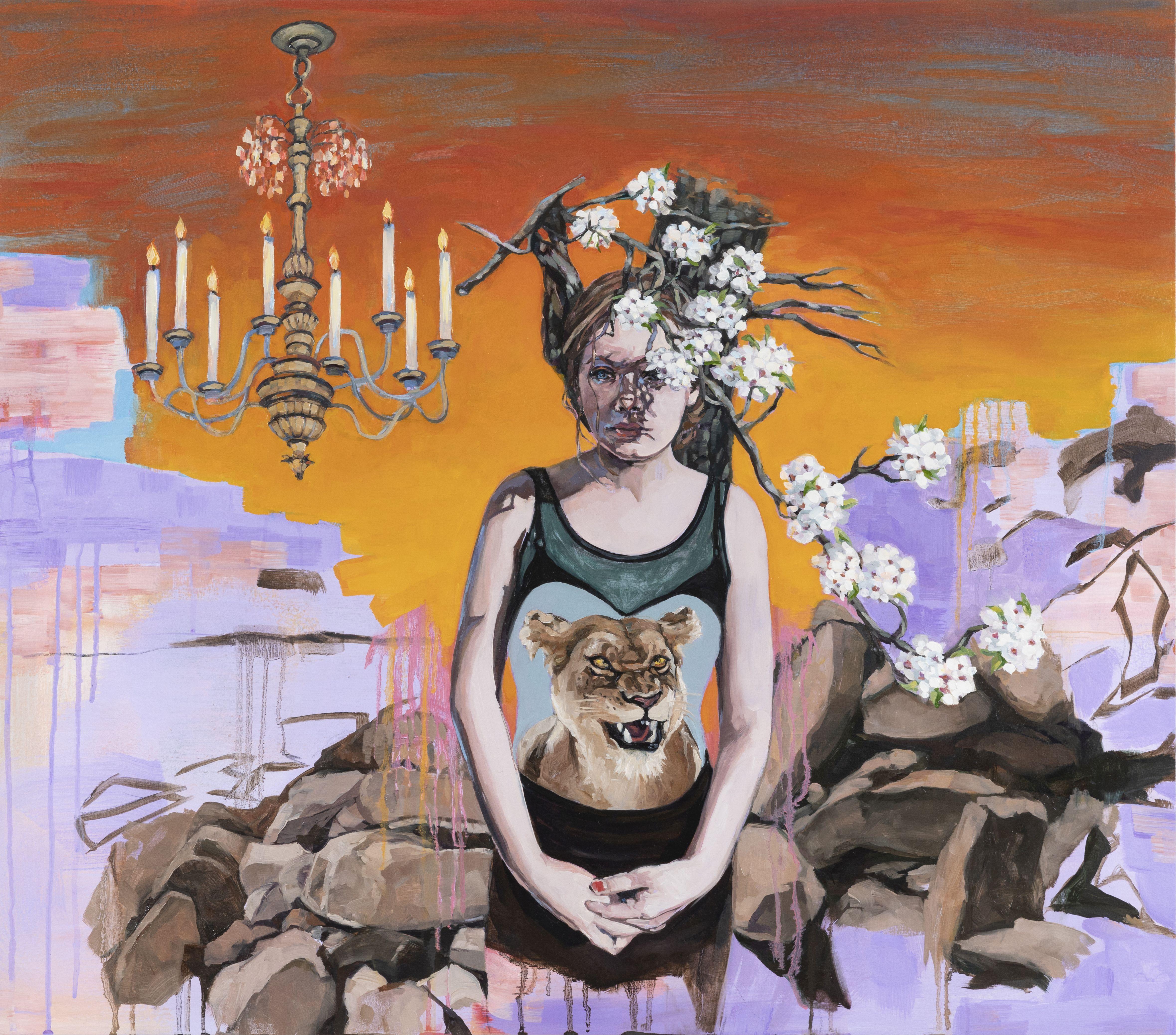 Sharon Shapiro Figurative Painting - Lioness, surrealist figurative painting, contemporary feminism