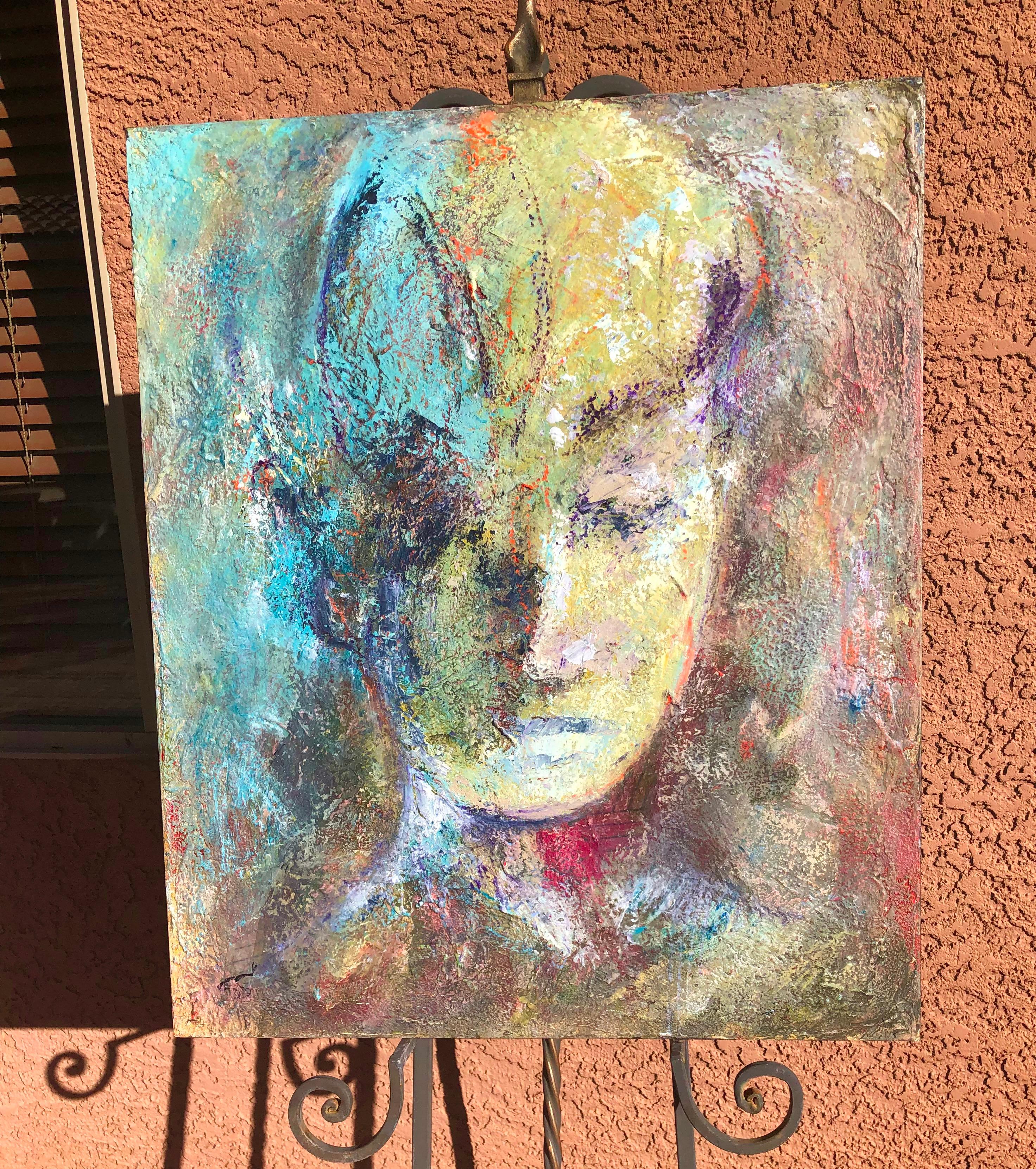 <p>Artist Comments<br>A face surfaces within the abstract expression of artist Sharon Sieben's striking contemporary portrait. Cold wax mixed with oil constitutes a compelling image of her model in a meditative state. Sharon reminds us that