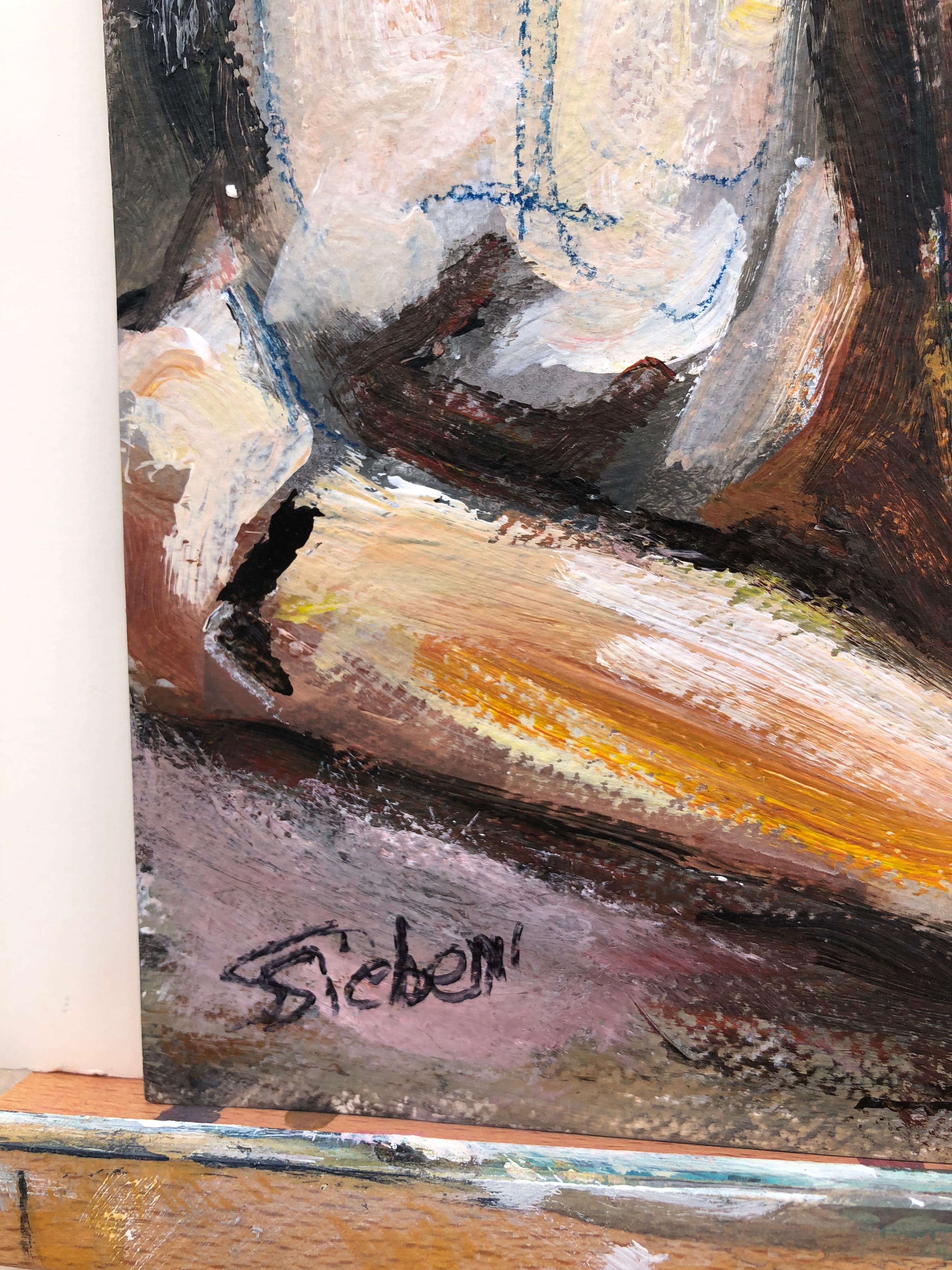 <p>Artistics Comments<br>Une femme est assise, la main sur le visage. L'artiste Sharon Sieban note que parfois les gens ne sont pas prêts à répondre à l'appel, mais le café les aide. Des traits gestuels traduisent l'état d'esprit contemplatif de la