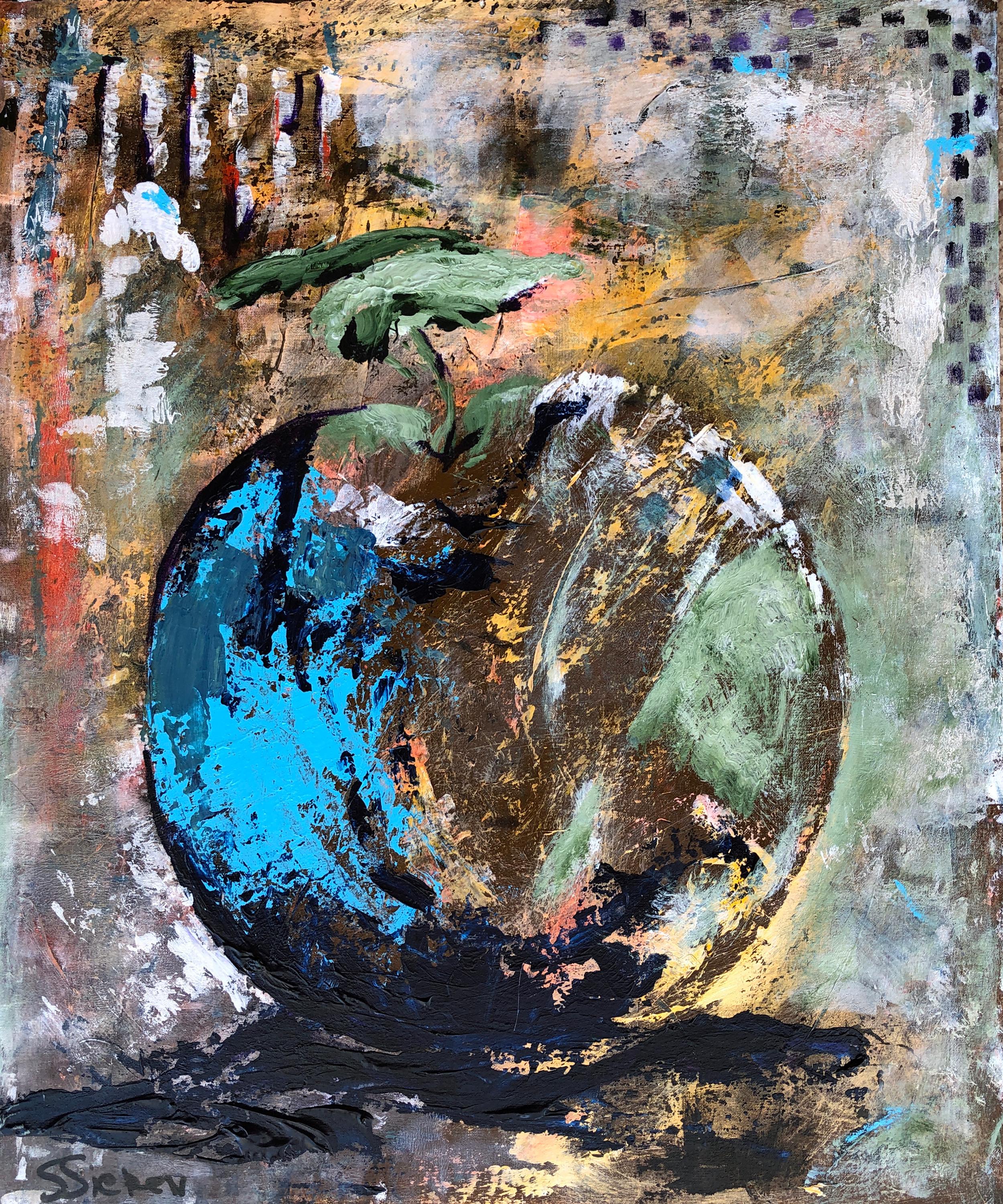 Sharon Sieben Still-Life Painting - Blue Apple, Original Painting