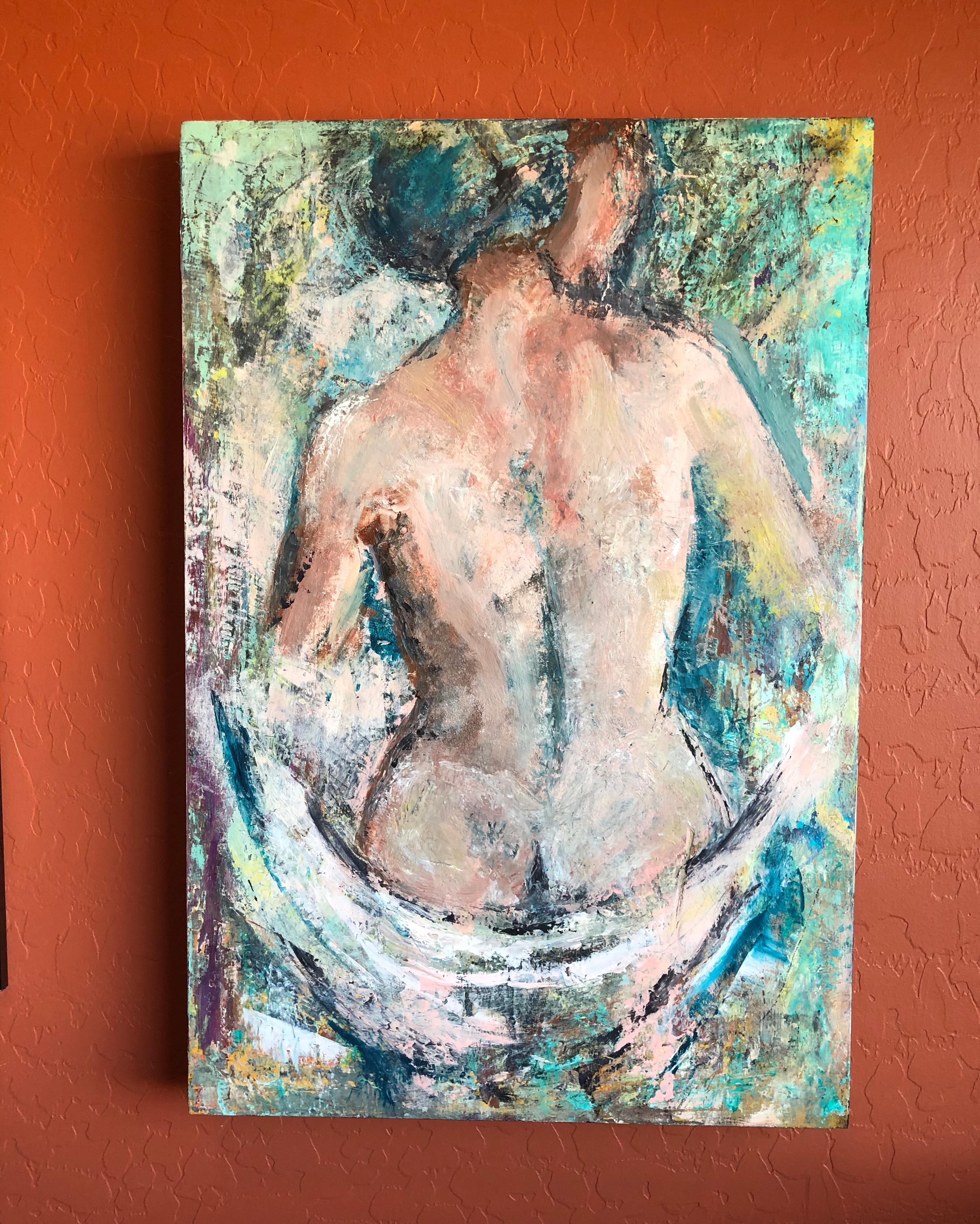 <p>Artist Comments<br>Artist Sharon Sieben paints a gestural portrait of a nude woman gracefully undressing her white robe. The figure strikes a classic pose as she contemplates a memoryâ€“an issue at hand of something that merits her concern.