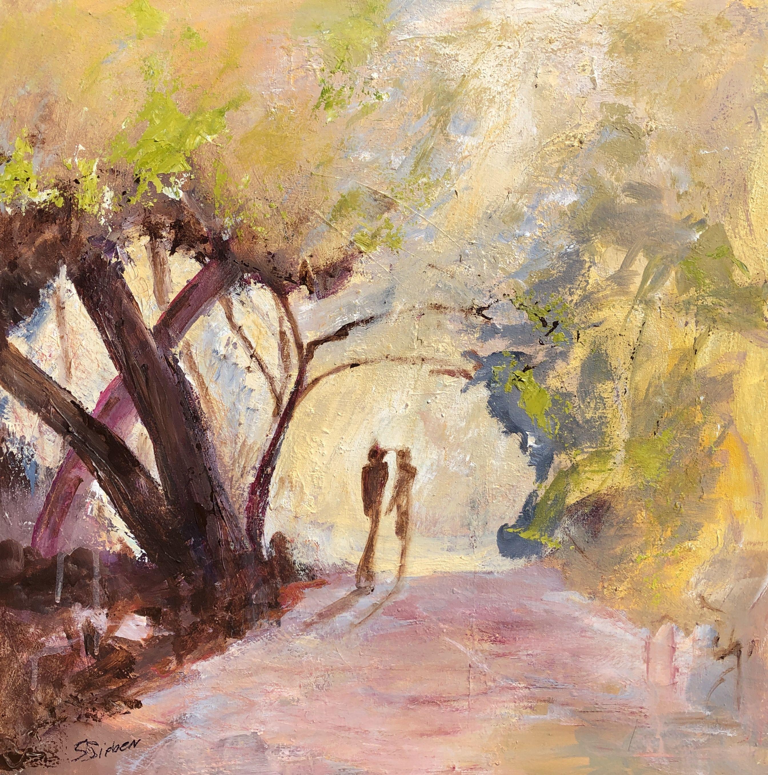 It almost seems like a walk into a bright new world on a trail that winds from a shady lane into the sunlit path beyond.  Painting  has been coated with a satin finish varnish on canvas with the sides painted.  It is wired on the back and arrives