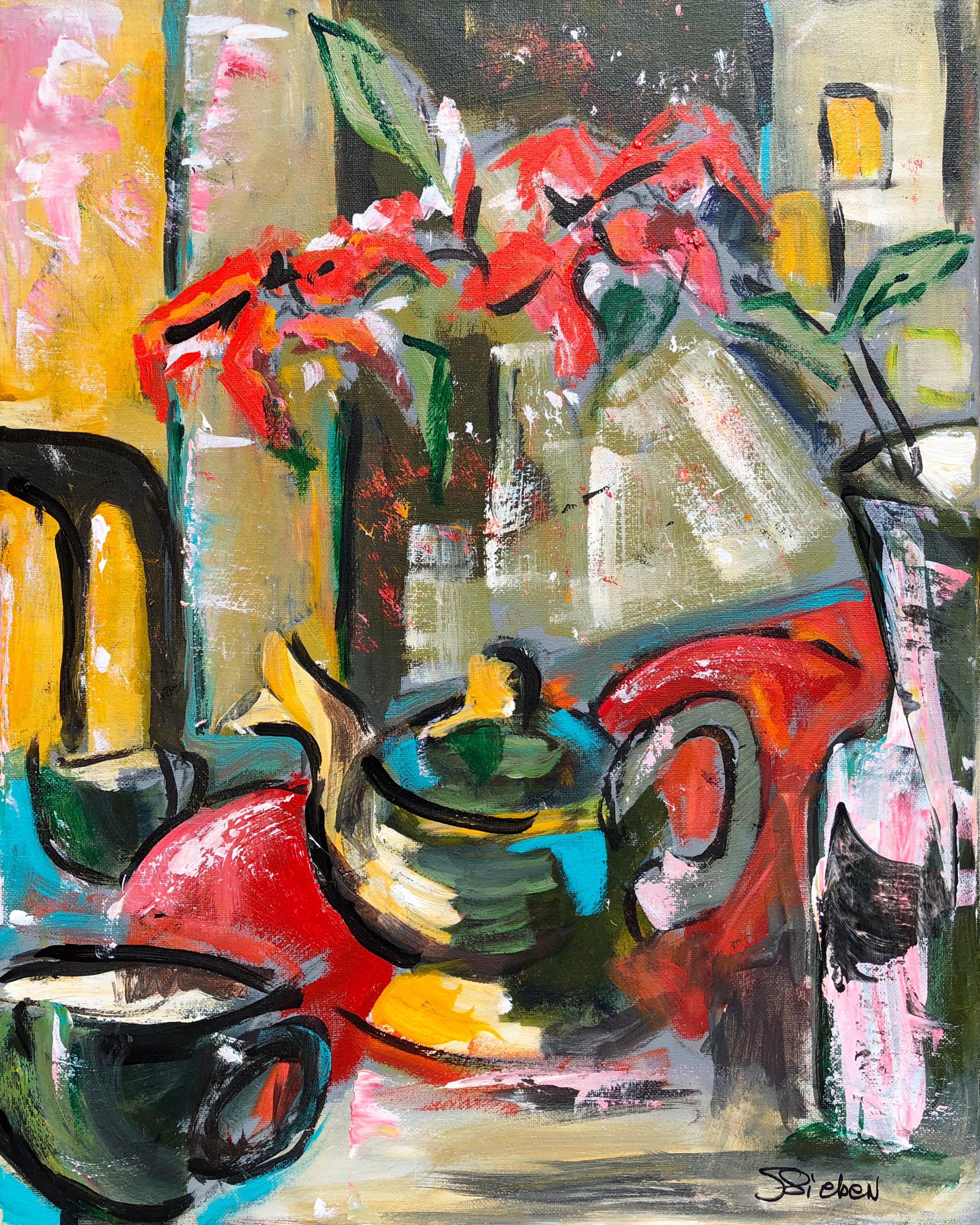 <p
Artist Comments<br /
"I
m extending an invitation to enjoy a cup of tea in this intimate setting," says artist Sharon Sieben. An expressive abstract still life, with the pot, cup, and vase of flowers seemingly dancing on the colorful background.