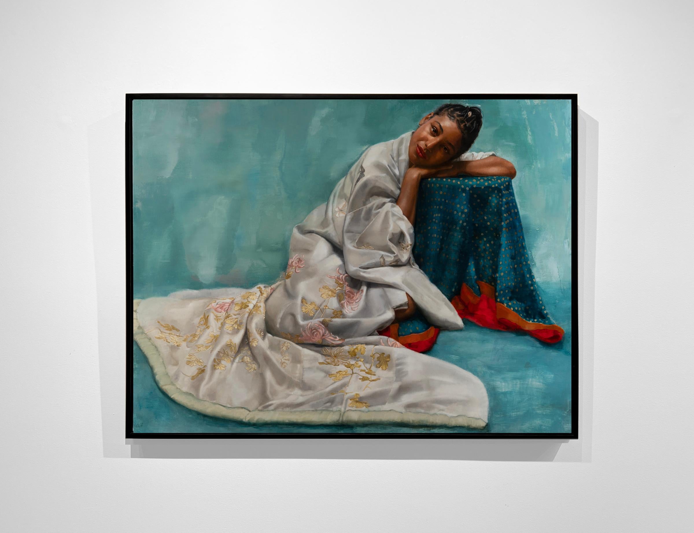 ANGLE OF REPOSE, figurative painting, figure sitting, lush color, vivid detail - Painting by Sharon Sprung