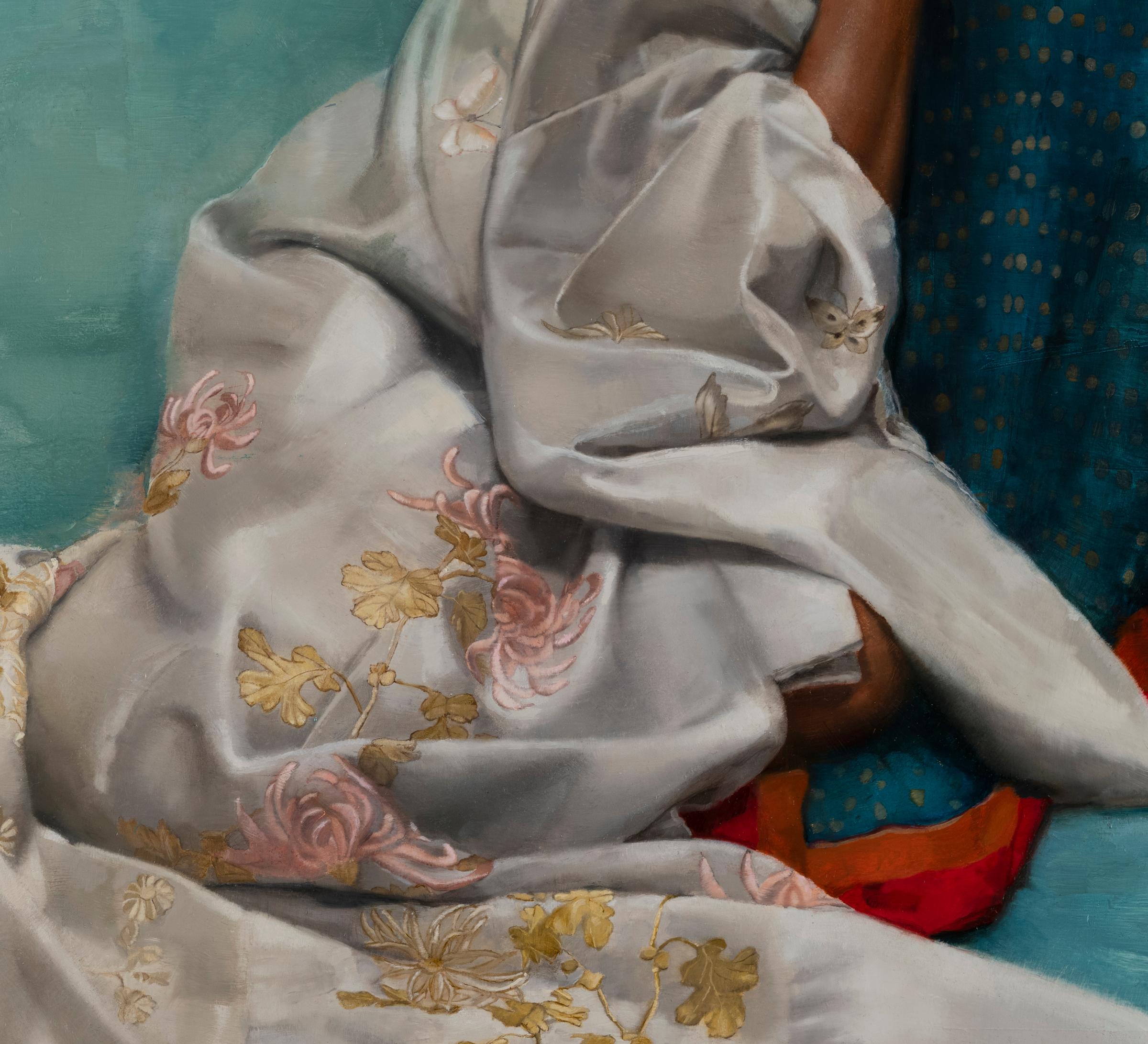 ANGLE OF REPOSE, figurative painting, figure sitting, lush color, vivid detail - Contemporary Painting by Sharon Sprung
