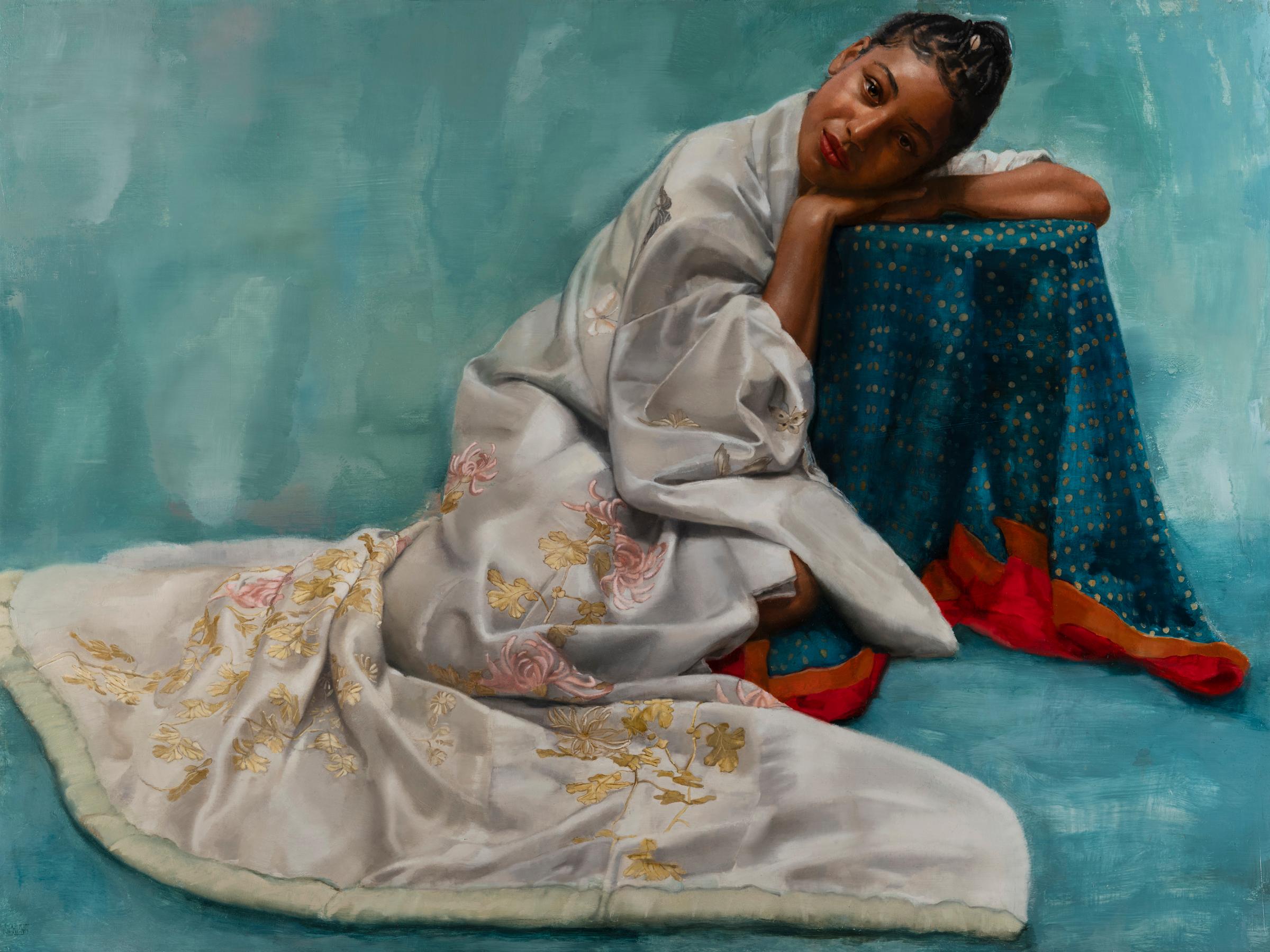 Sharon Sprung Figurative Painting - ANGLE OF REPOSE, figurative painting, figure sitting, lush color, vivid detail