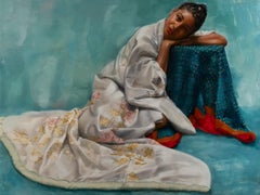 ANGLE OF REPOSE, figurative painting, figure sitting, lush color, vivid detail