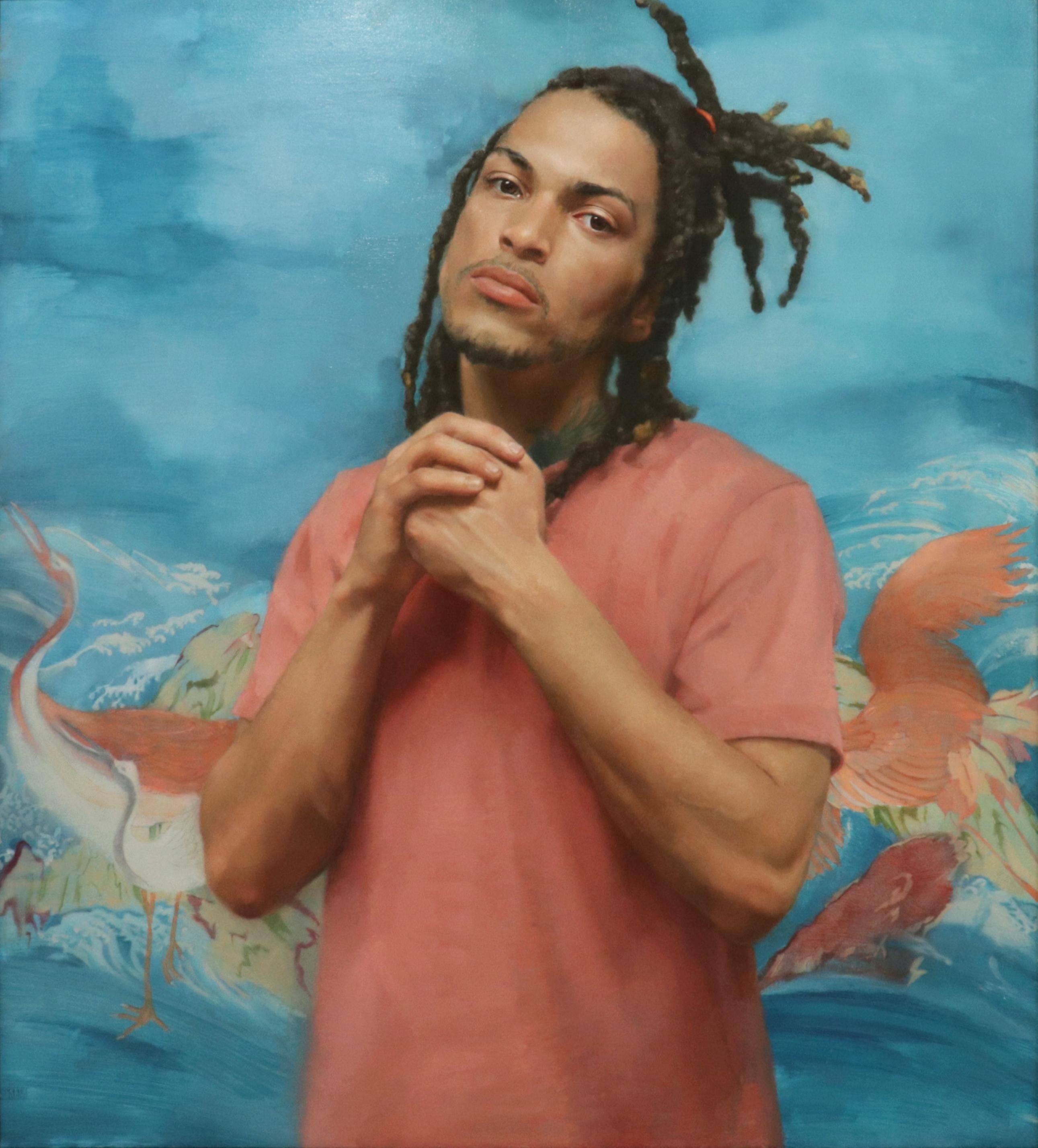 Sharon Sprung Portrait Painting - EMERGENCE - Contemporary Realism / Male Figurative / Blue and Cyan