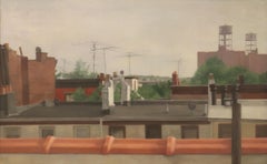 FROM MY ROOF, new york city landscape painting, red brooklyn rooftops