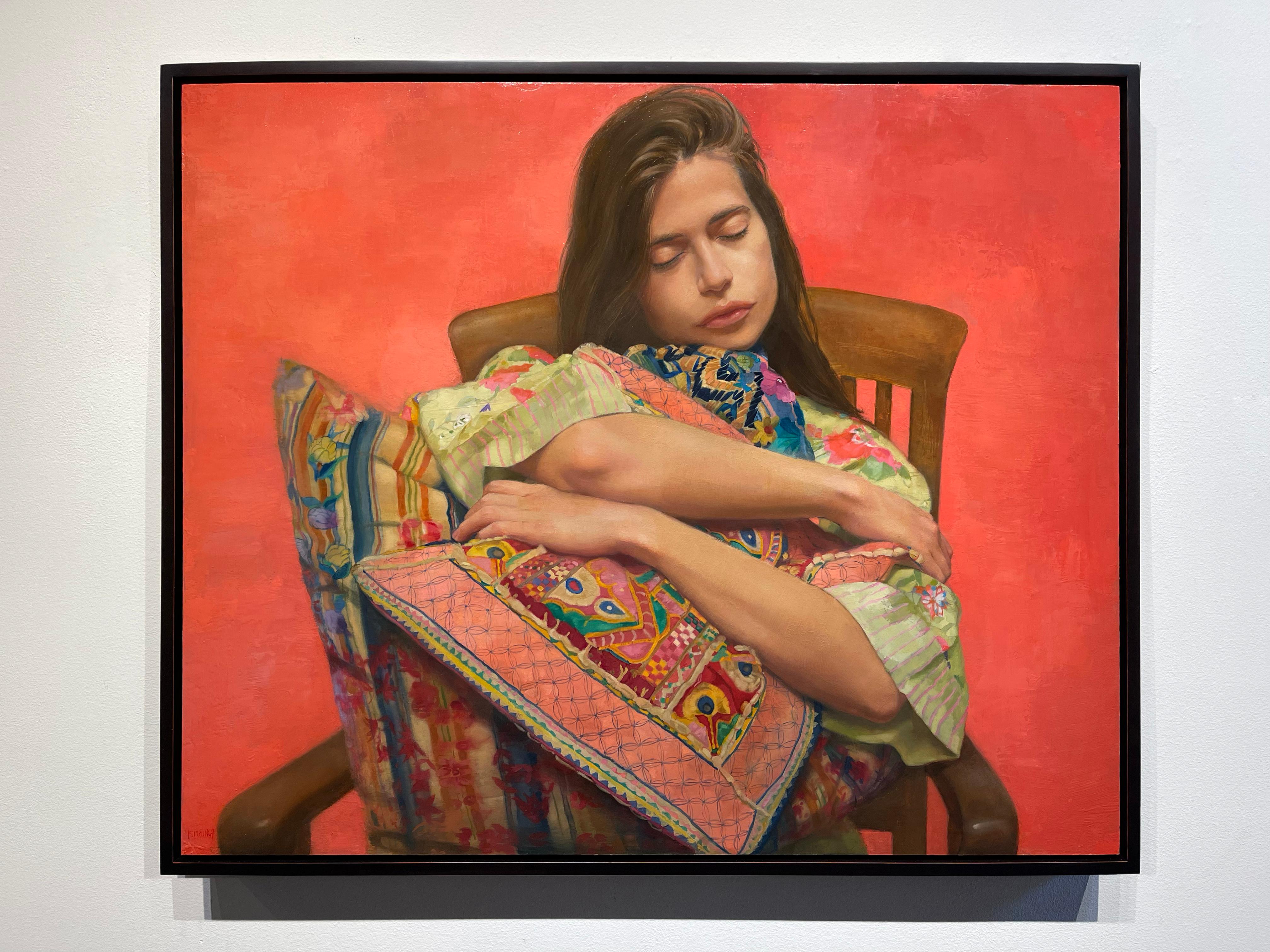 RESTING BUT COMPLICATED - Contemporary Realism / Textiles / Female Figurative - Painting by Sharon Sprung