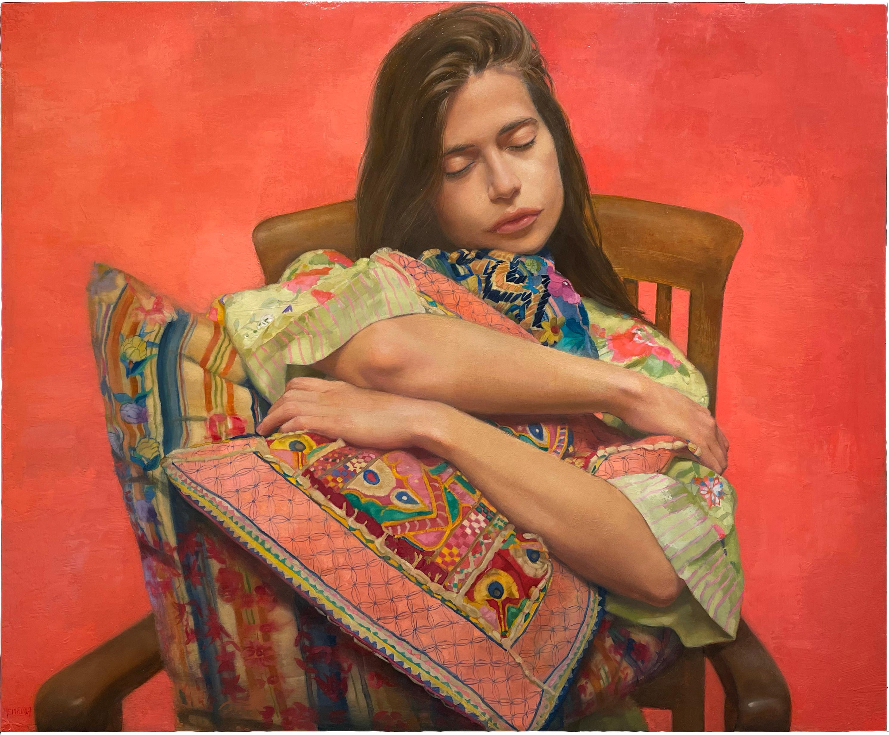 Sharon Sprung Portrait Painting - RESTING BUT COMPLICATED - Contemporary Realism / Textiles / Female Figurative