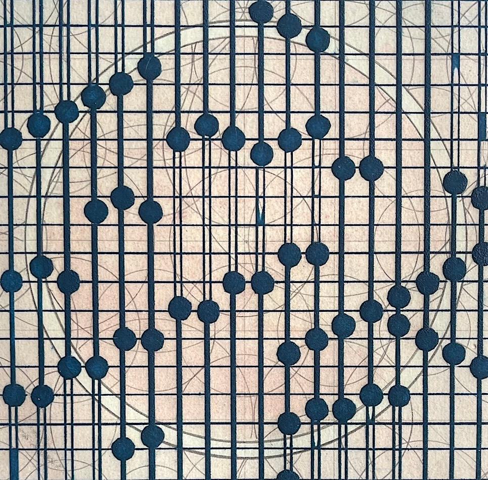 MODULATED PATHS INTO SUNDAY'S DESIRING Gravure signée, lignes géométriques, cercles - Print de Sharon Sutton