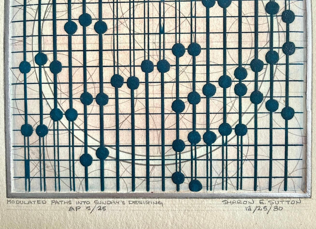 MODULATED PATHS INTO SUNday'S DESIRING Signierte Radierung, Geometrische Linien, Kreise (Geometrische Abstraktion), Print, von Sharon Sutton
