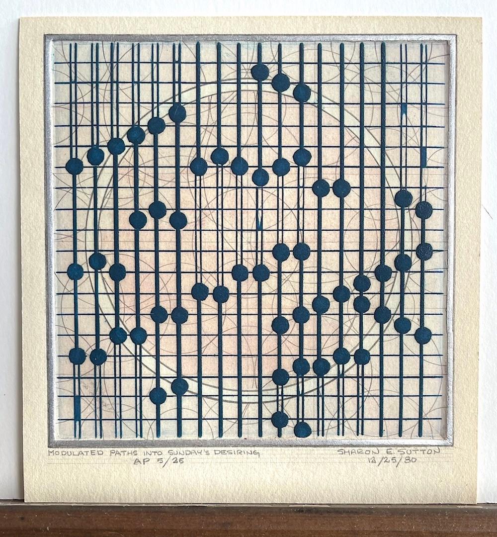 MODULATED PATHS INTO SUNDAY'S DESIRING, is an original etching by Sharon E. Sutton printed on heavyweight buff color printmaking paper. An architecturally inspired composition comprised of an organized deep navy linear grid with solid dots and pale