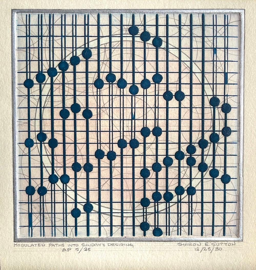 Sharon Sutton Print - MODULATED PATHS INTO SUNDAY'S DESIRING Signed Etching, Geometric Lines, Circles