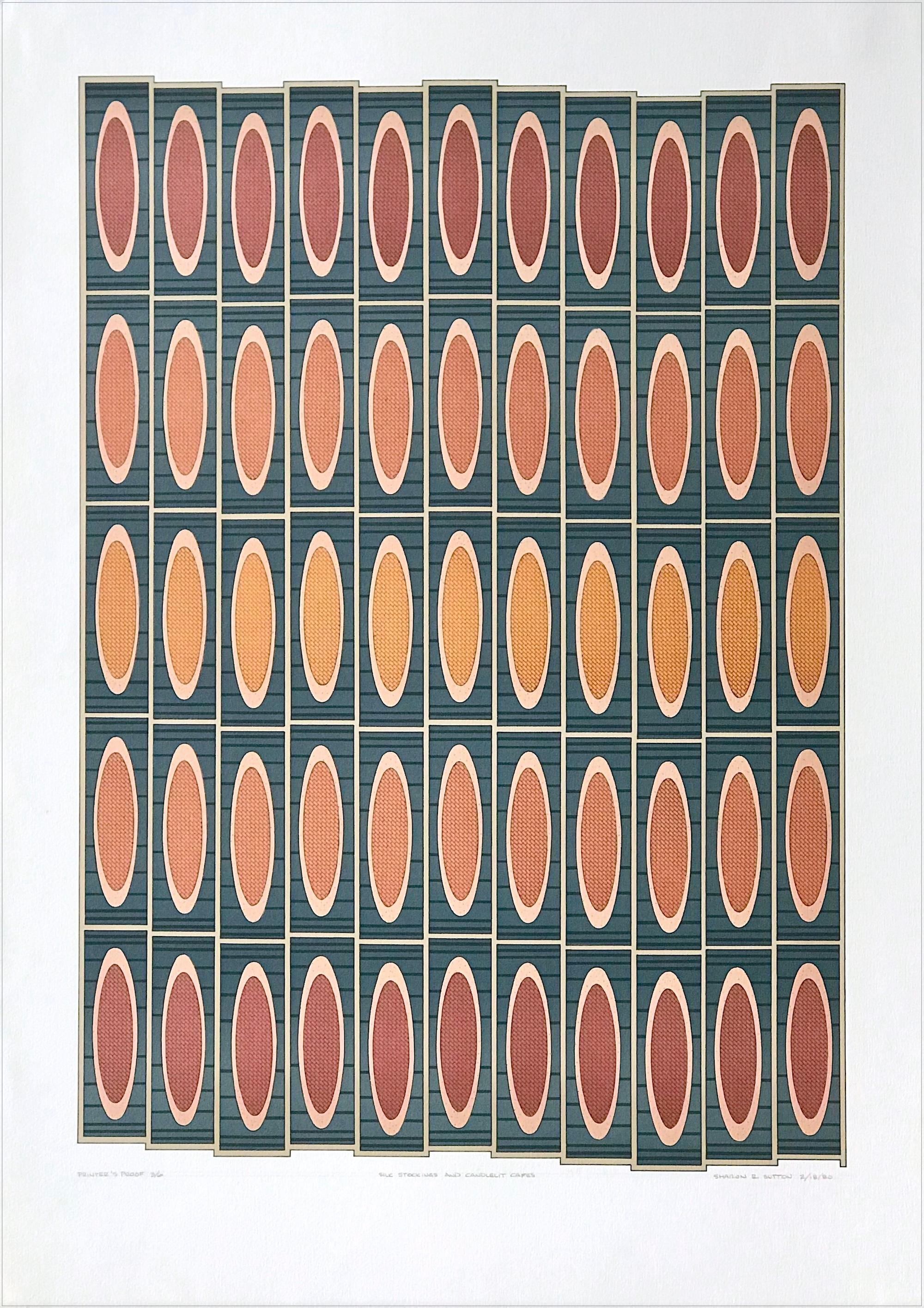 STOCKINGS, CANDLELIT CAFES Signé Lithographie, motif abstrait géométrique - Géométrique abstrait Print par Sharon Sutton