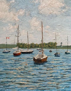 Sailboats at Anchor (Vintage Landscape Seascape Painting)
