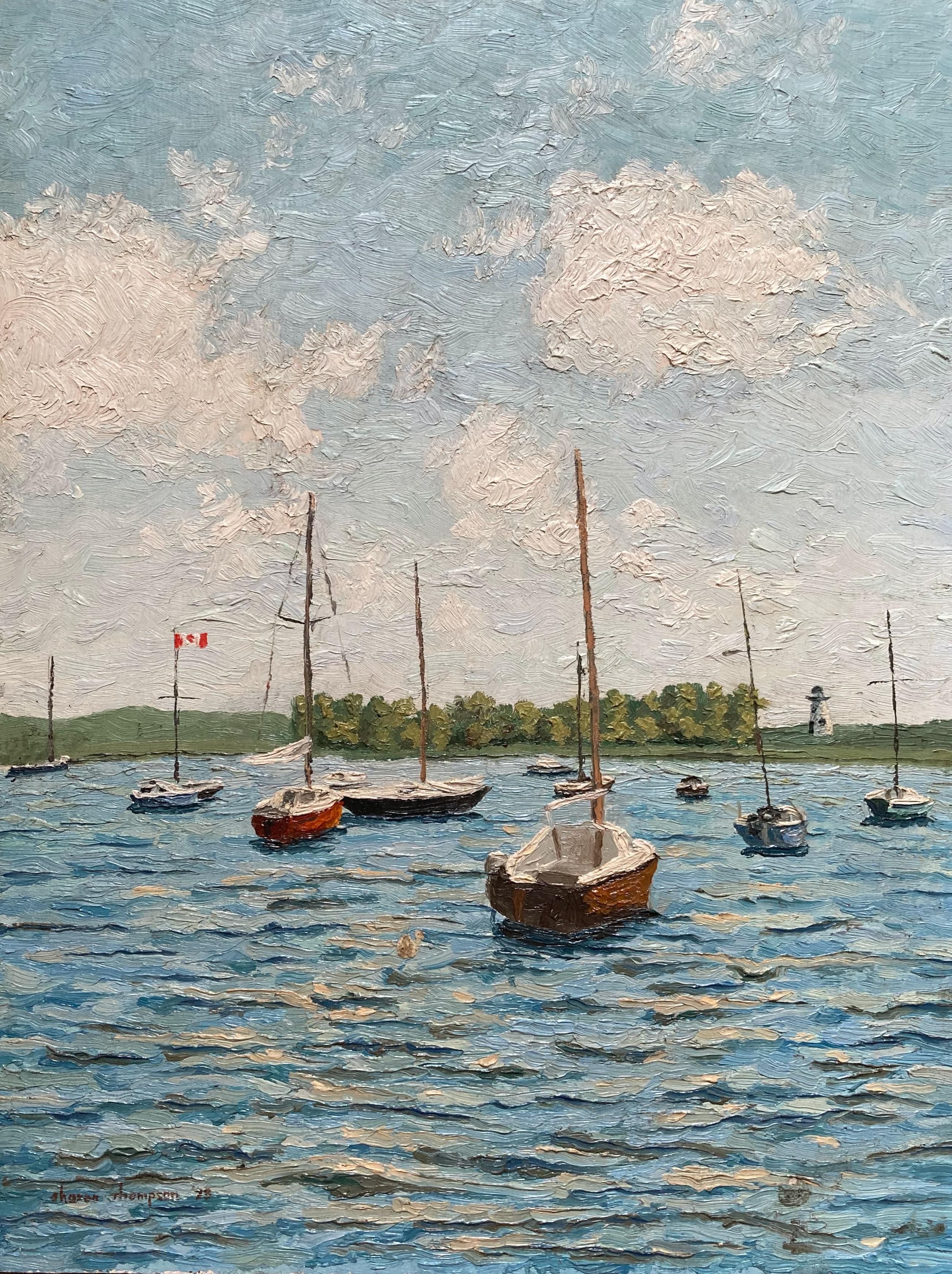 Sharon Thompson Landscape Painting – Segelboote am Anker