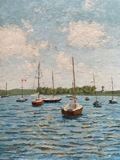 Sailboats at Anchor (Vintage Landscape Seascape Painting)