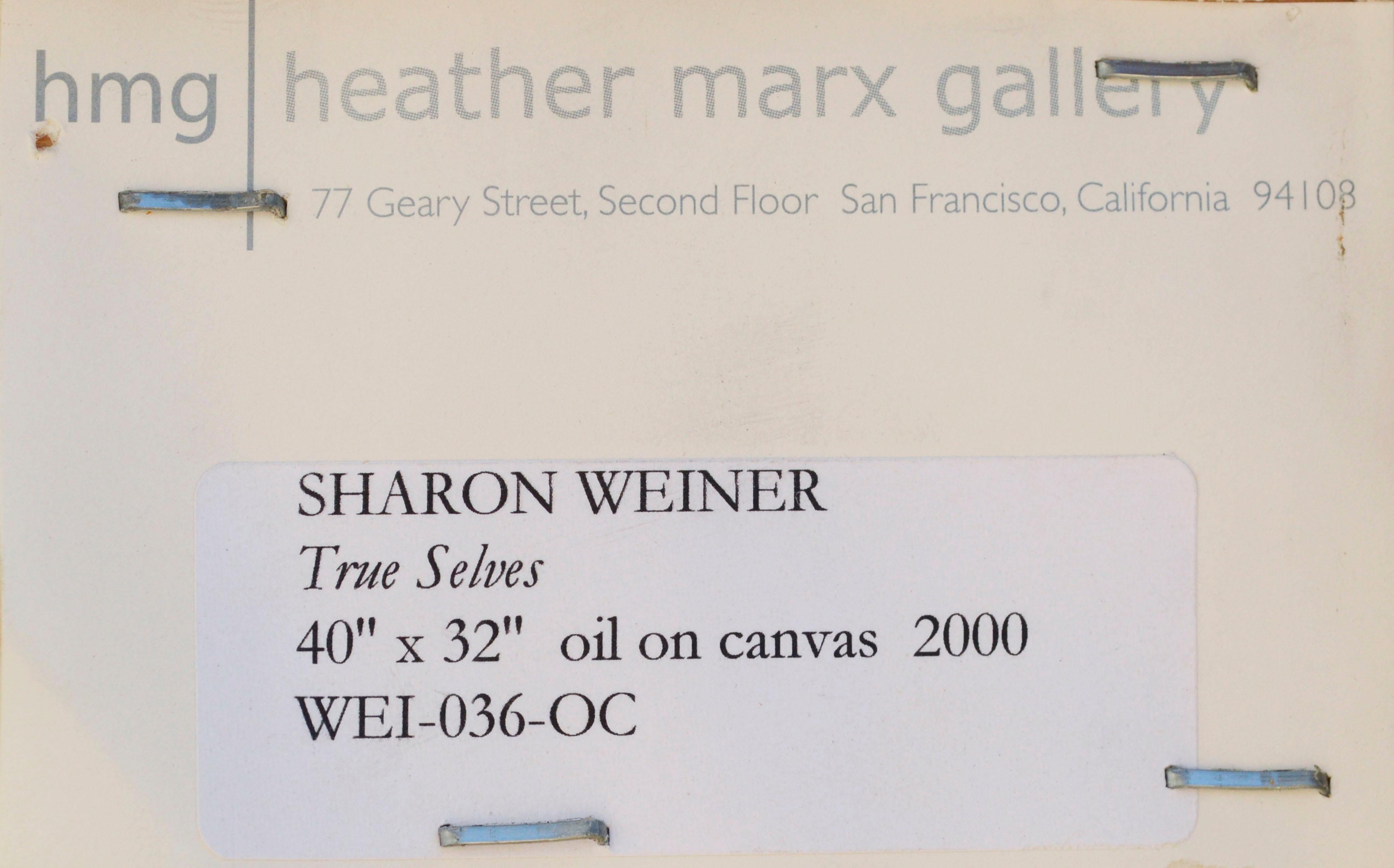 Ethereal abstract with bright red forms floating in a deep red/brown color field by California artist Sharon Weiner (American, 20th/21st Century). Signed 