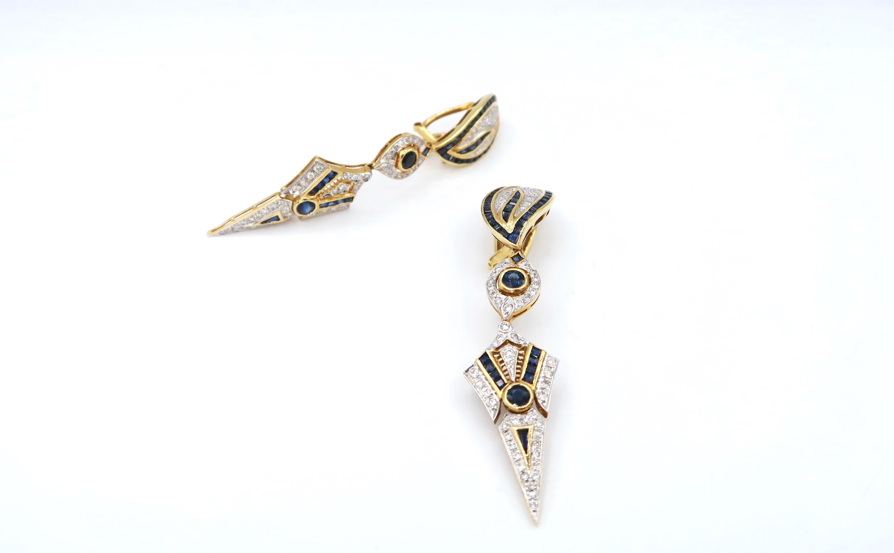 Mixed Cut Sharp Pointed Sapphire and Diamond Long Drop 18 Karat Gold Earrings For Sale
