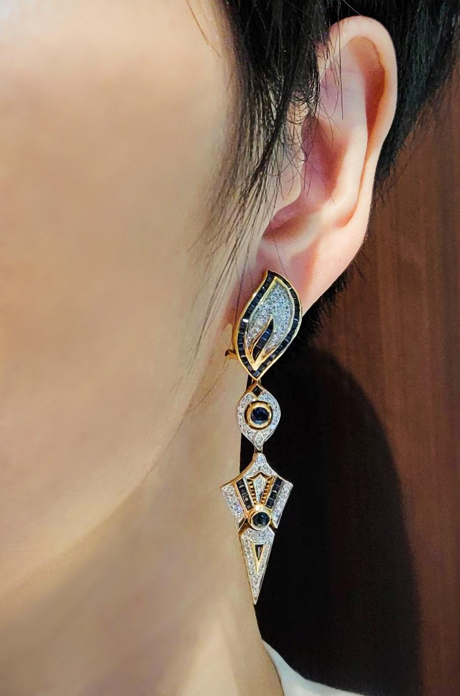 Women's Sharp Pointed Sapphire and Diamond Long Drop 18 Karat Gold Earrings For Sale