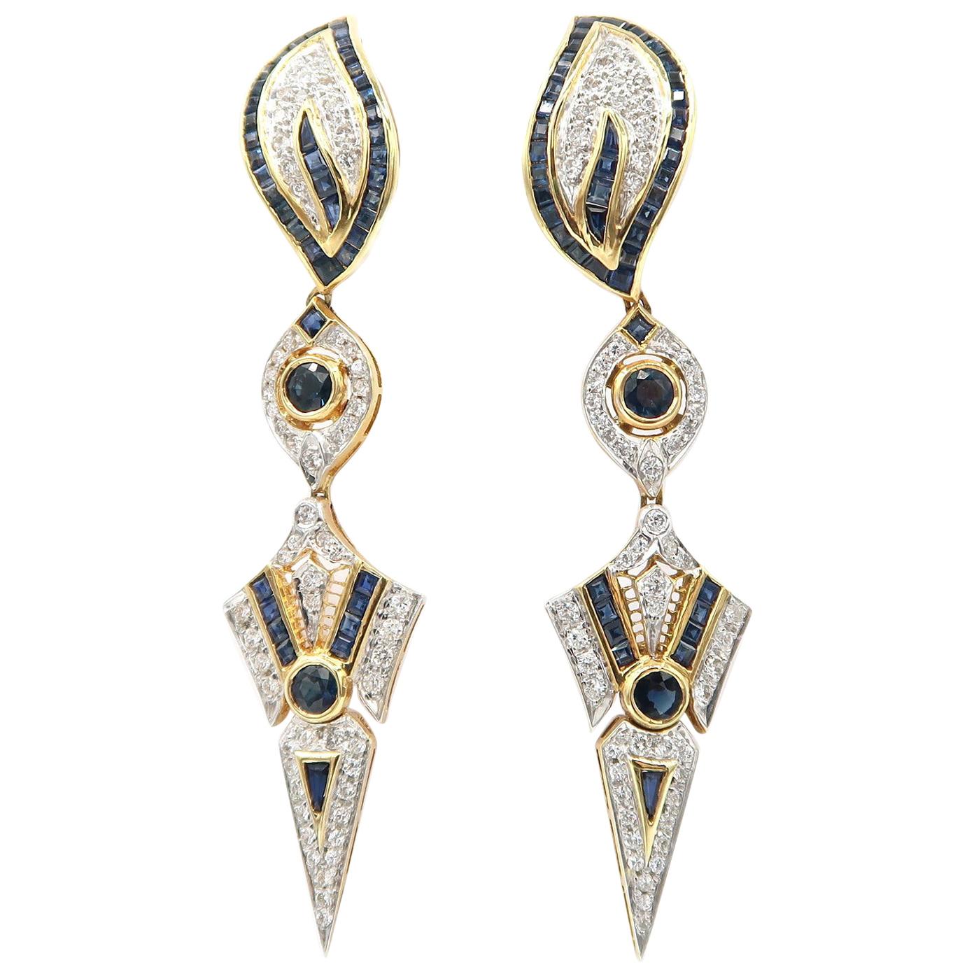 Sharp Pointed Sapphire and Diamond Long Drop 18 Karat Gold Earrings For Sale