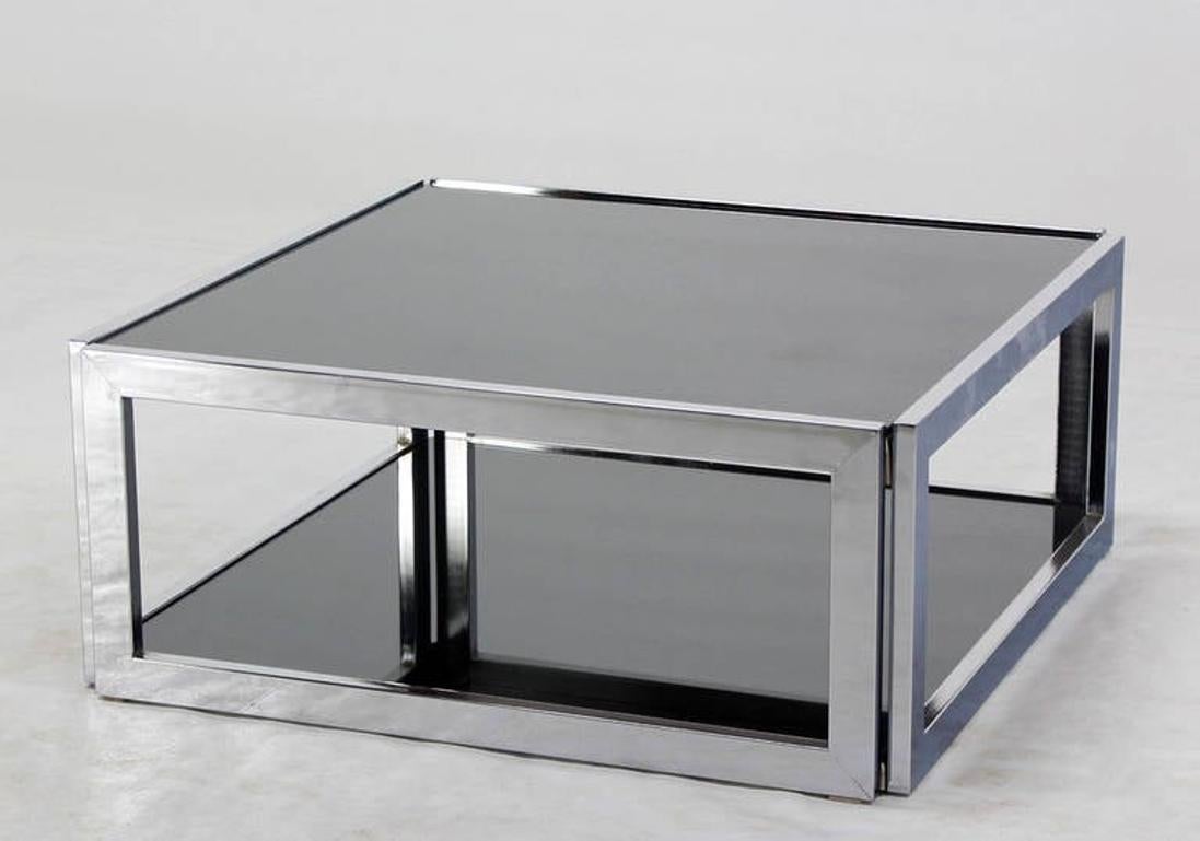 Sharp Square 2 Tier Modern Chrome Base Smoked Glass Coffee Table w/ Shelf MINT For Sale 3