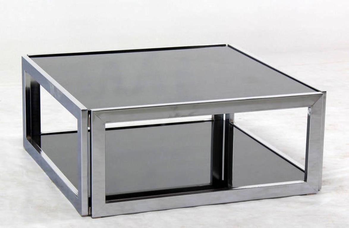Mid century modern two tier square chrome and smoked glass coffee table in style of M. Baughman.
