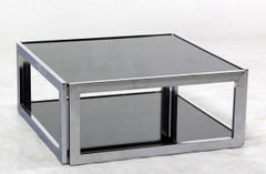 Sharp Square 2 Tier Modern Chrome Base Smoked Glass Coffee Table w/ Shelf MINT