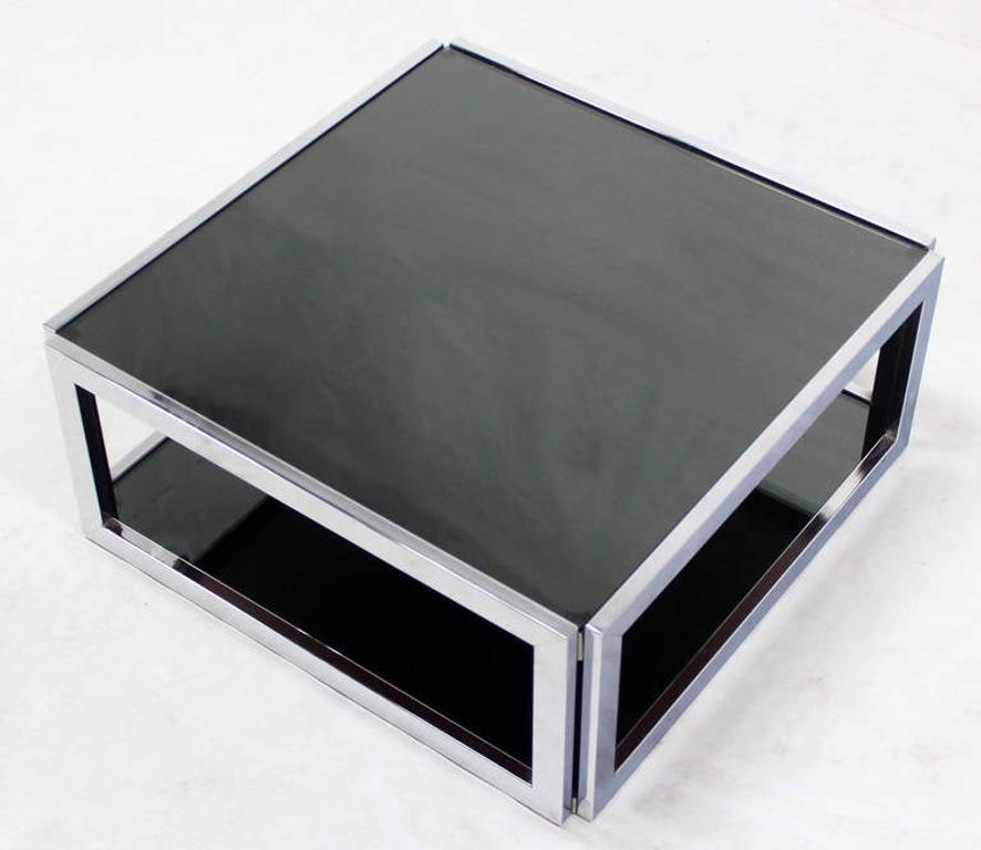 American Sharp Square 2 Tier Modern Chrome Base Smoked Glass Coffee Table w/ Shelf MINT For Sale