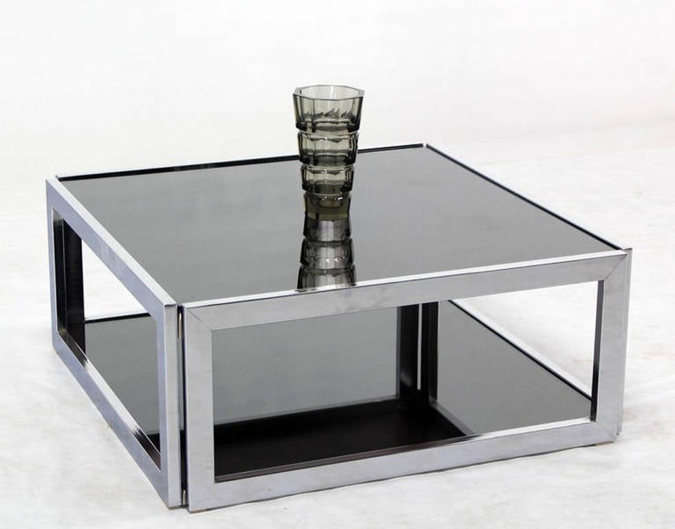 Polished Sharp Square 2 Tier Modern Chrome Base Smoked Glass Coffee Table w/ Shelf MINT For Sale