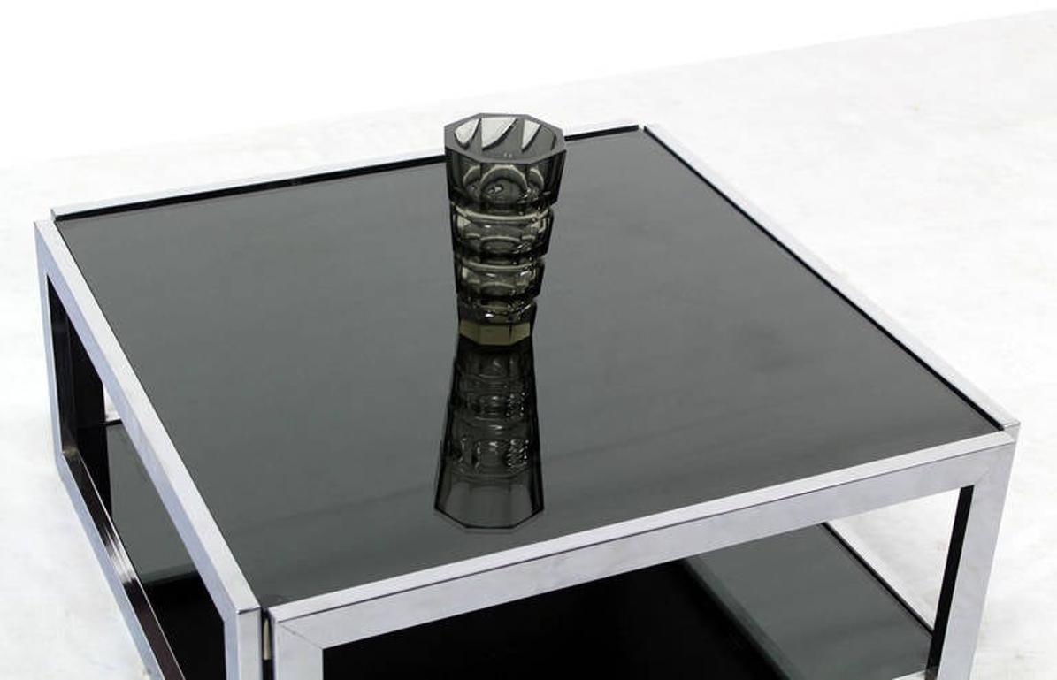 20th Century Sharp Square 2 Tier Modern Chrome Base Smoked Glass Coffee Table w/ Shelf MINT For Sale