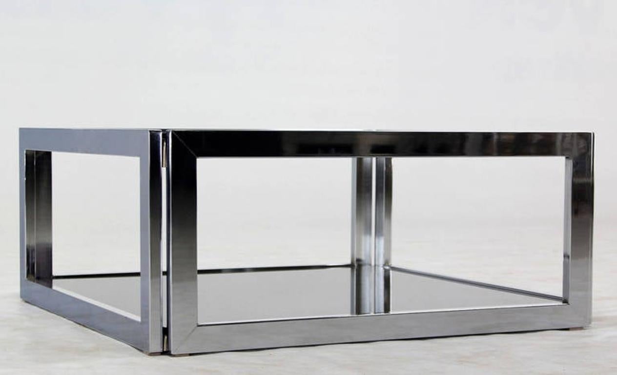 Sharp Square 2 Tier Modern Chrome Base Smoked Glass Coffee Table w/ Shelf MINT For Sale 1