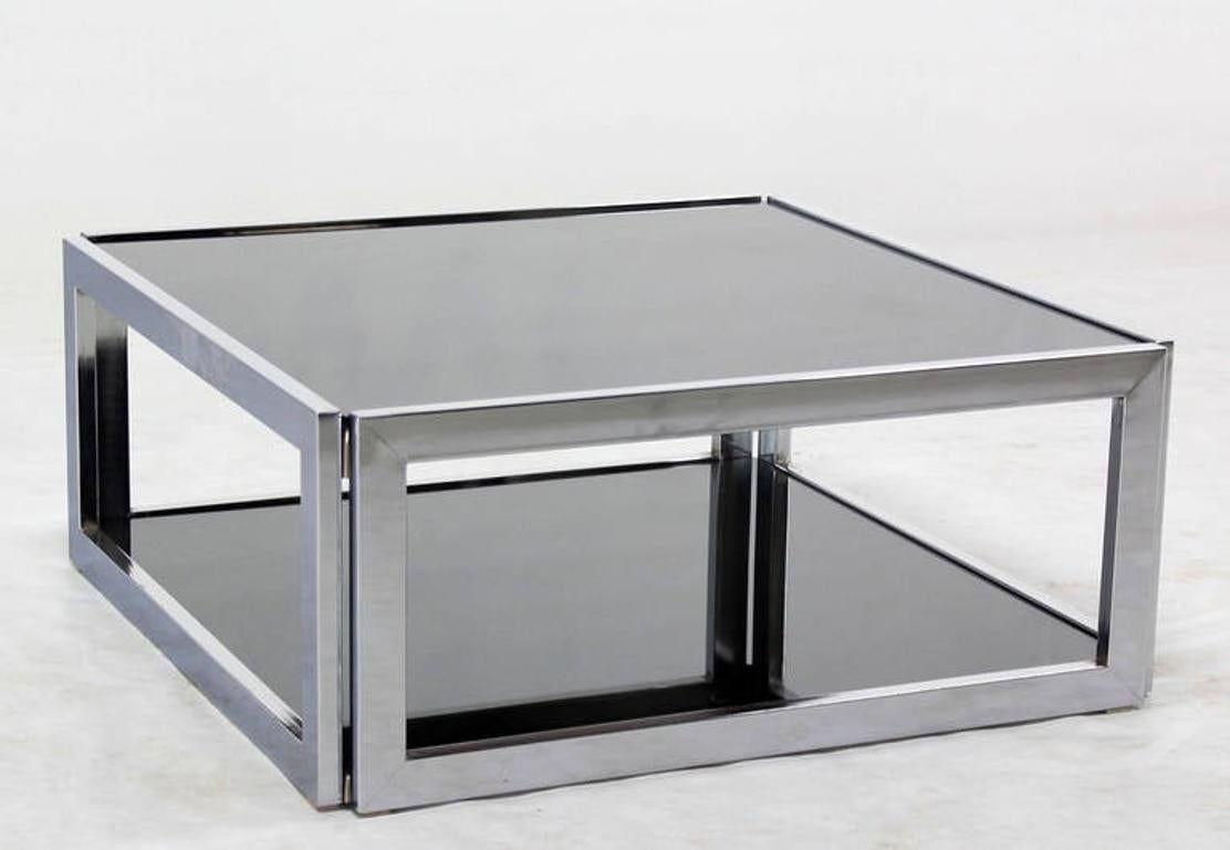 Sharp Square 2 Tier Modern Chrome Base Smoked Glass Coffee Table w/ Shelf MINT For Sale 2
