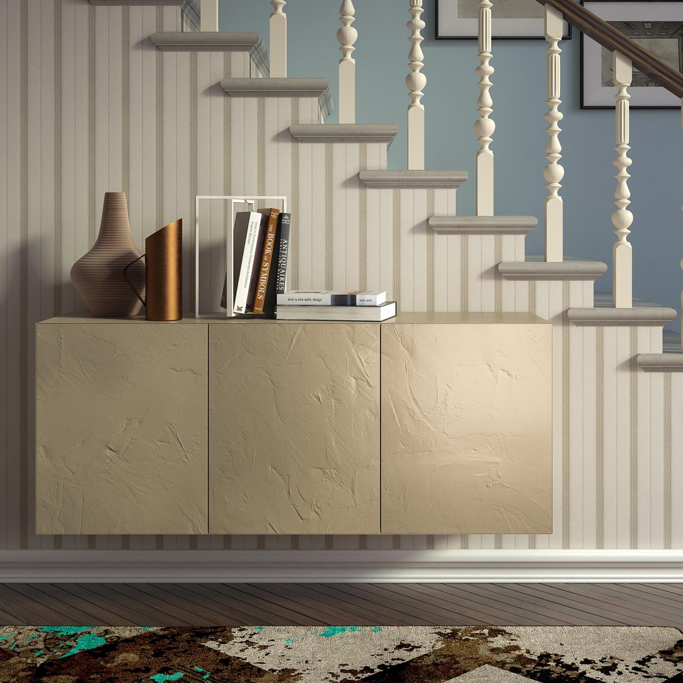 Dieser schlichte und moderne Wandschrank ist ein vielseitiger Behälter für eine elegante Inneneinrichtung, der in jedem Raum des Hauses verwendet werden kann. Die von einer minimalistischen Ästhetik geprägte Struktur hat 45°-Kanten und besteht aus