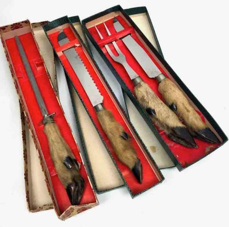 Sharpening Steel Knife, Meat Fork, Bread Knife Carving Set Deer Foot