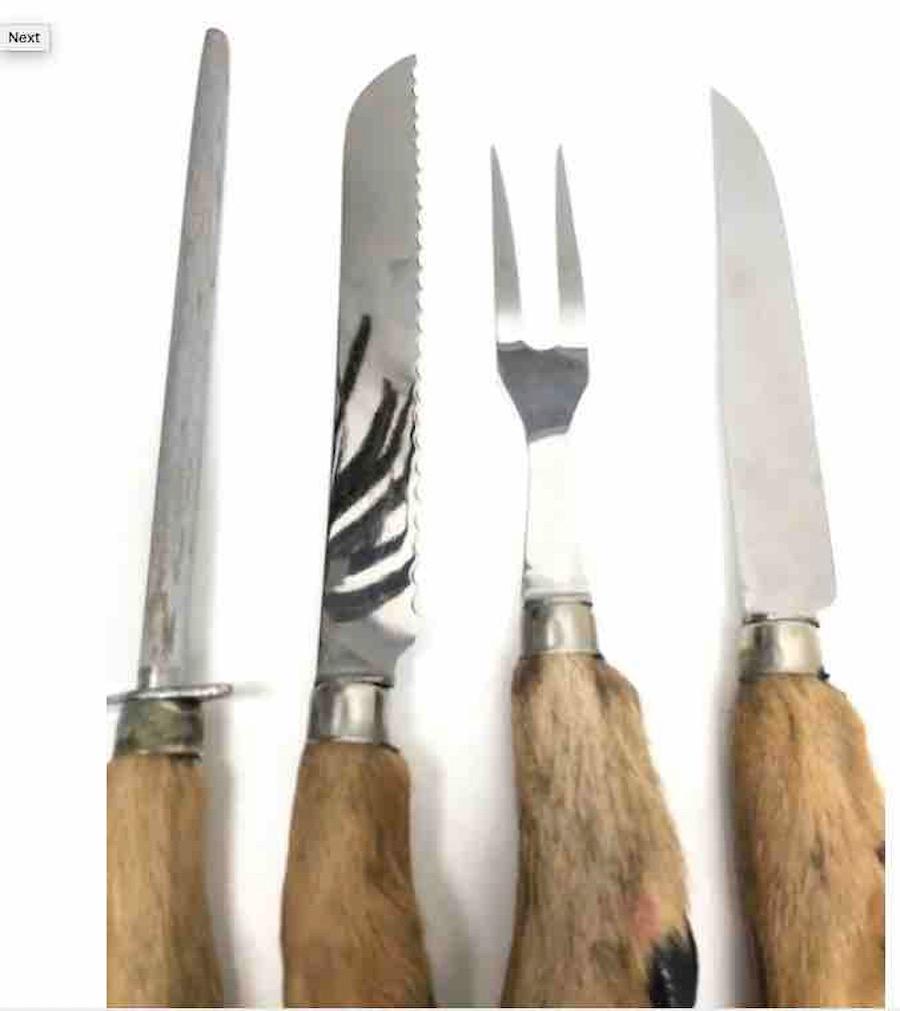 Art Nouveau Sharpening Steel Knife, Meat Fork, Bread Knife Carving Set Deer Foot vintage 