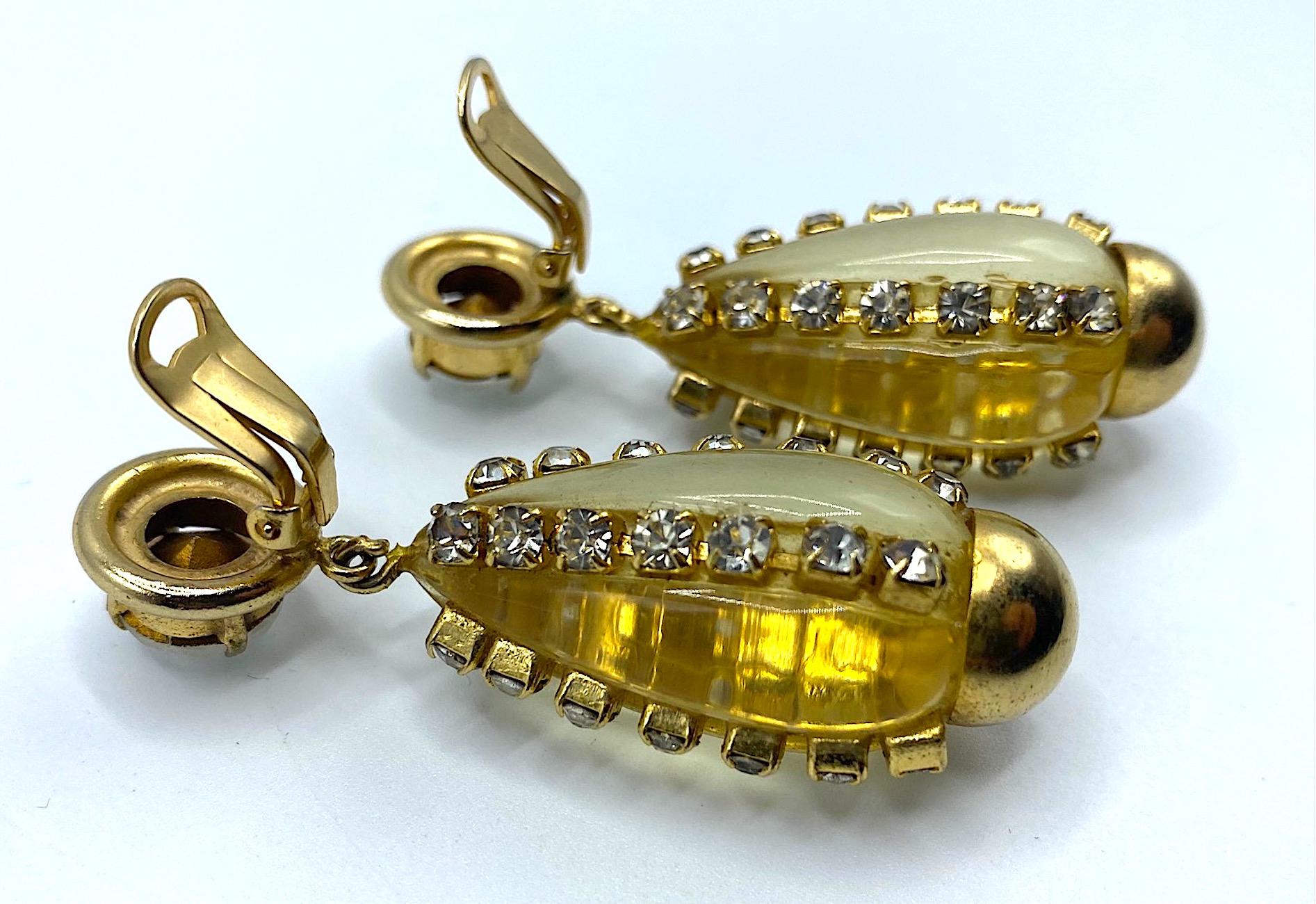 Sharra Pagano, Italy 1980s Gold, Rhinestone & Lucite Pendant Earrings 4