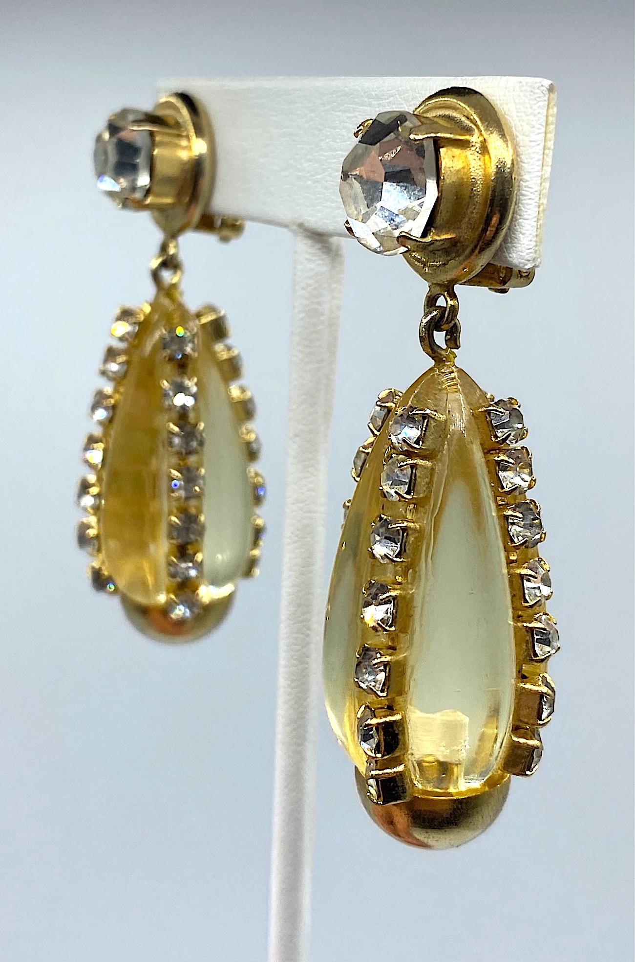 Sharra Pagano, Italy 1980s Gold, Rhinestone & Lucite Pendant Earrings In Good Condition In New York, NY