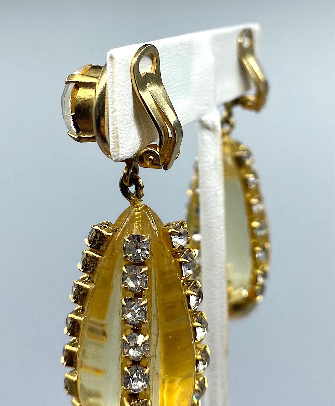 Women's Sharra Pagano, Italy 1980s Gold, Rhinestone & Lucite Pendant Earrings