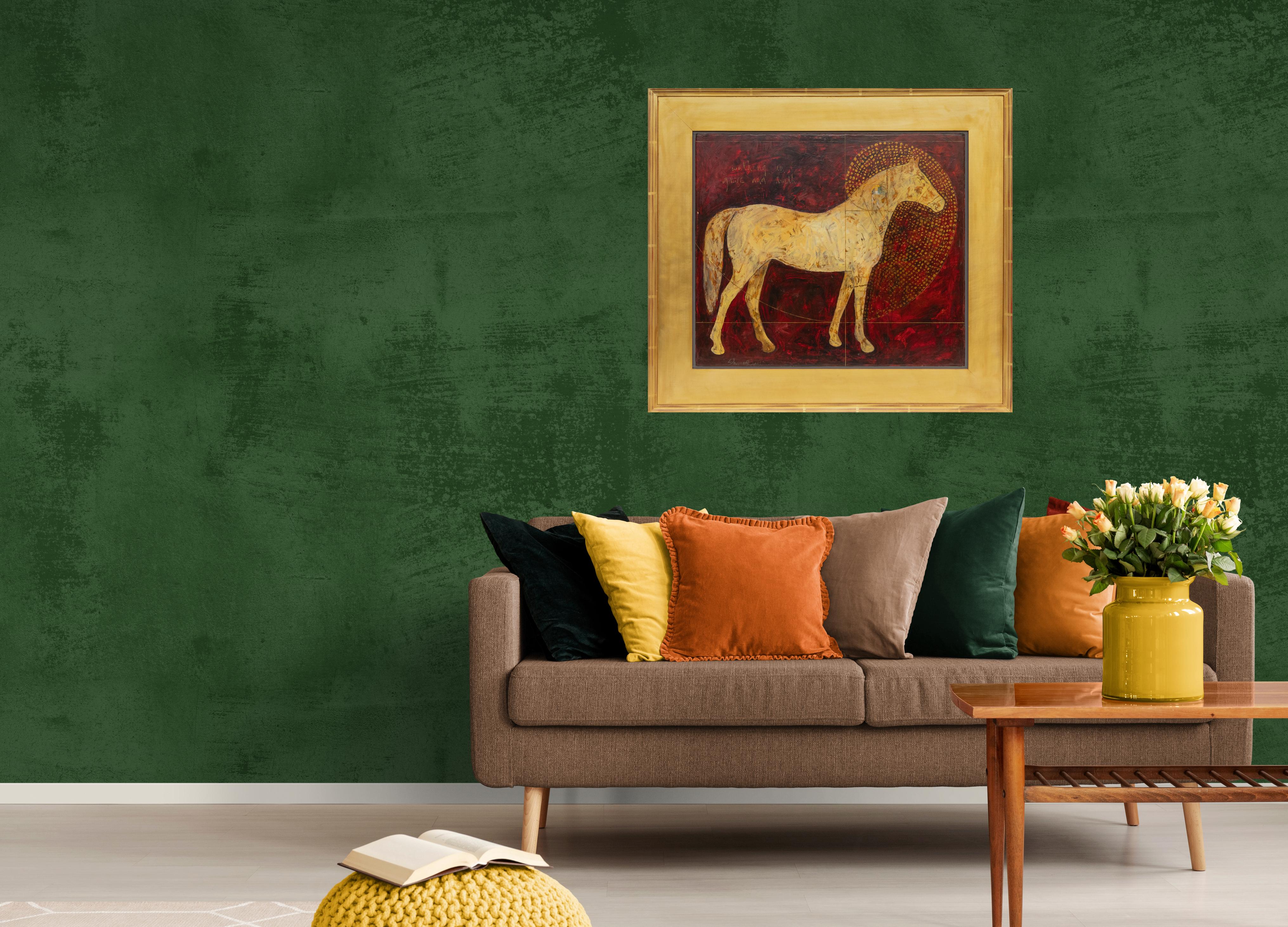Pittura di cavallo espressionista moderna con olio, foglia d'oro e spirale Nautilus in vendita 6