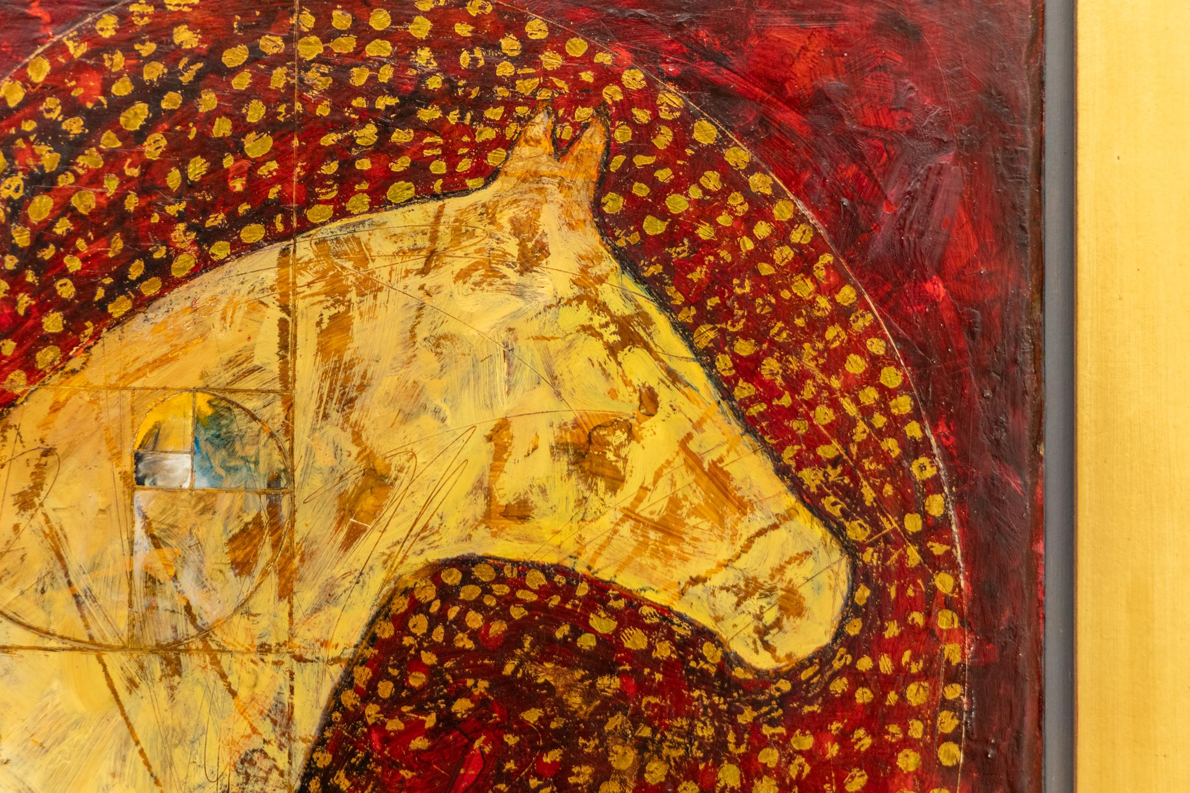 Pittura di cavallo espressionista moderna con olio, foglia d'oro e spirale Nautilus in vendita 1